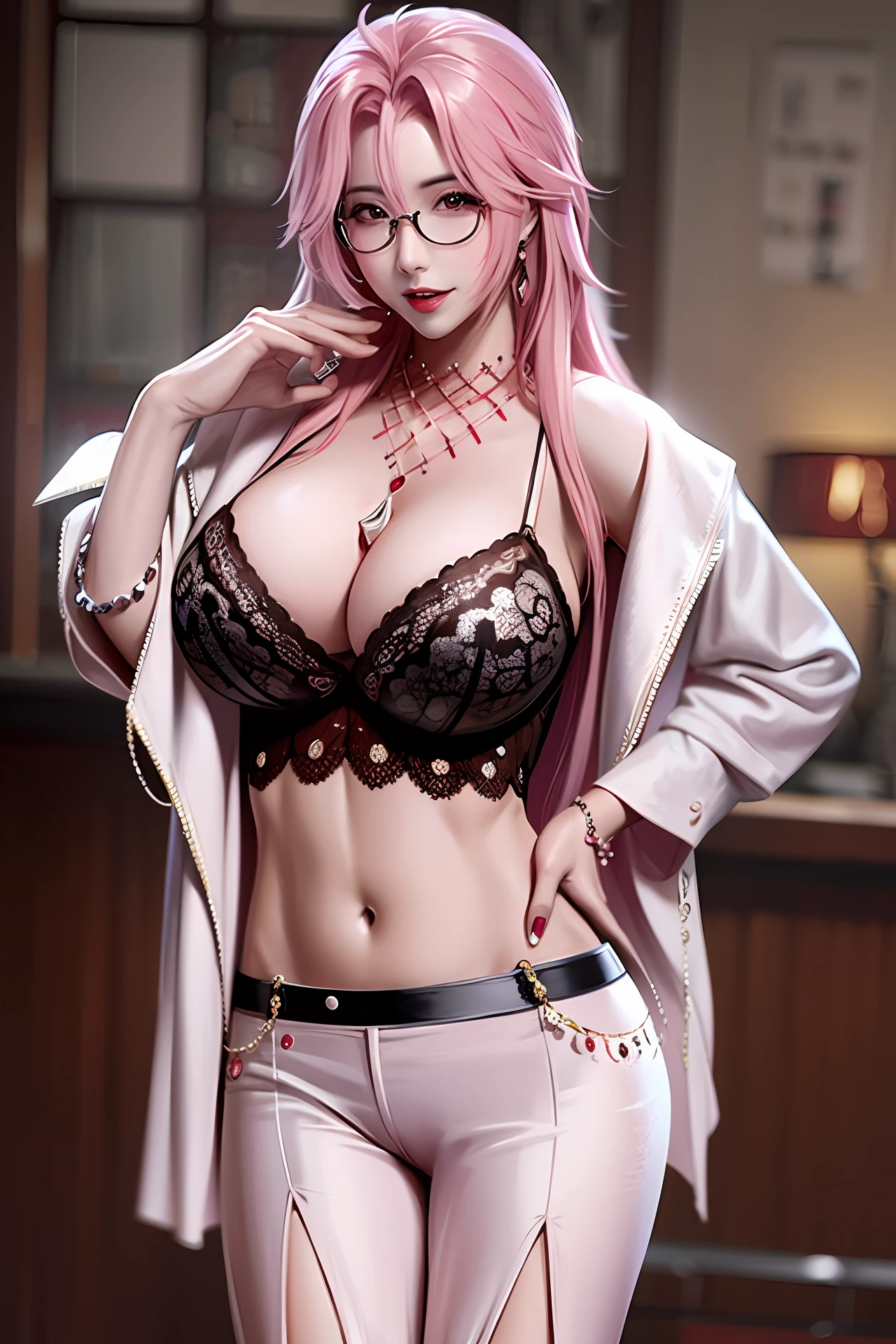 Sexy woman big breasts glasses pink hair lingerie