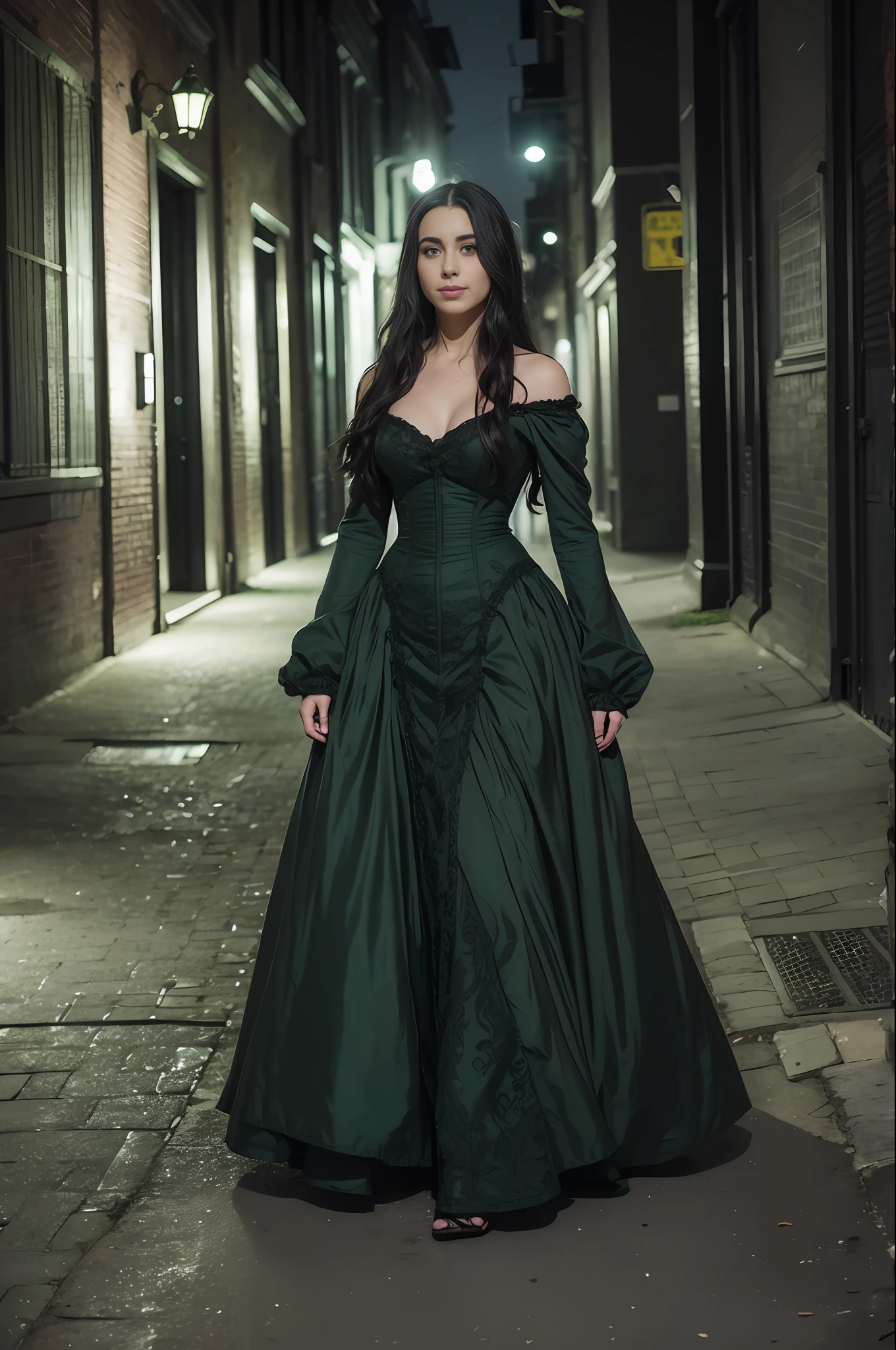 ((artistic photography)))dark green sensual Victorian dress,((night photography))Lauren Jauregui,((urban installation))full scale,((colloquial))happy and smiling.
