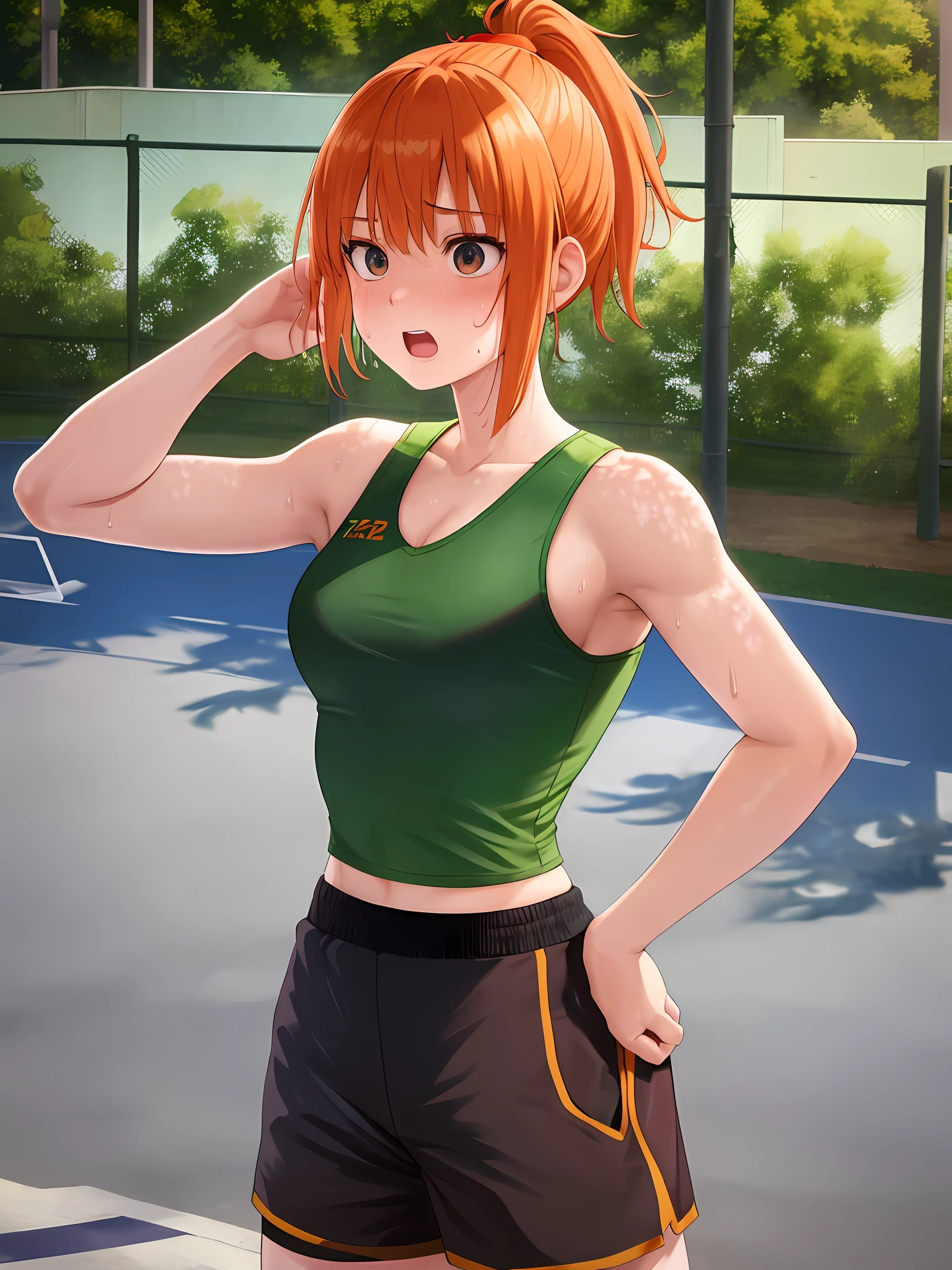 nakano_yotsuba,
outdoors, basketball court,
ultra-detailed 8k, masterpiece world theater, textured skin, ambient light, realistic shadows,
1girl (solo:1.3), sports bra, high ponytail, shorts, (sweat:0.9), breathing out, concentration, hands on hip, orange hair, holding, heavy breathing, open mouth , short hair,
cowboy shot, from behind