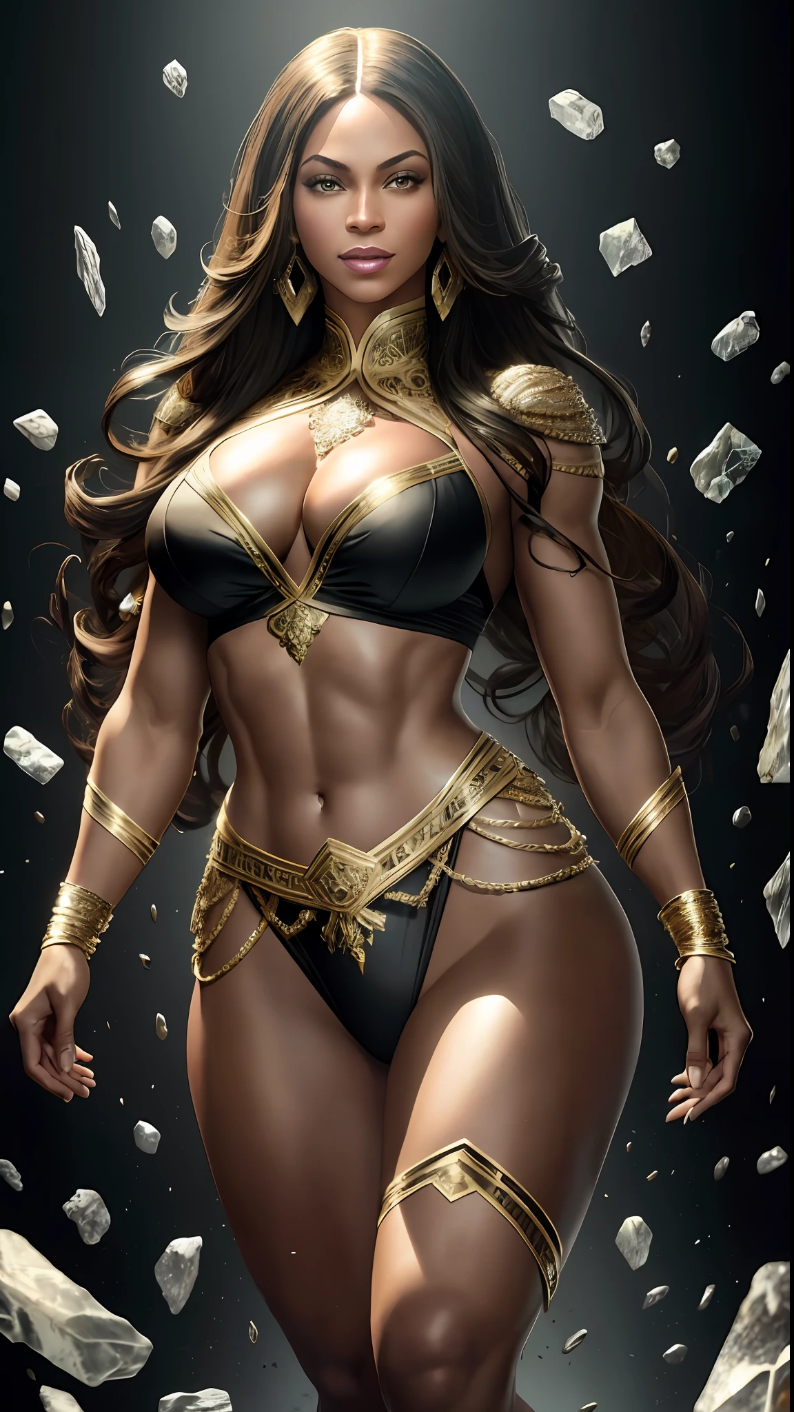 8k portrait of Beyoncé muscular, smiling, intricate, 35 years old, las vegas, full body, looking at the camera, elegant, (black eyes), highly detailed, majestic, digital photography, art by artgerm and ruan jia and greg rutkowski, black hair, broken glass around (masterpiece, side lighting, beautiful finely detailed eyes: 1.2), hdr