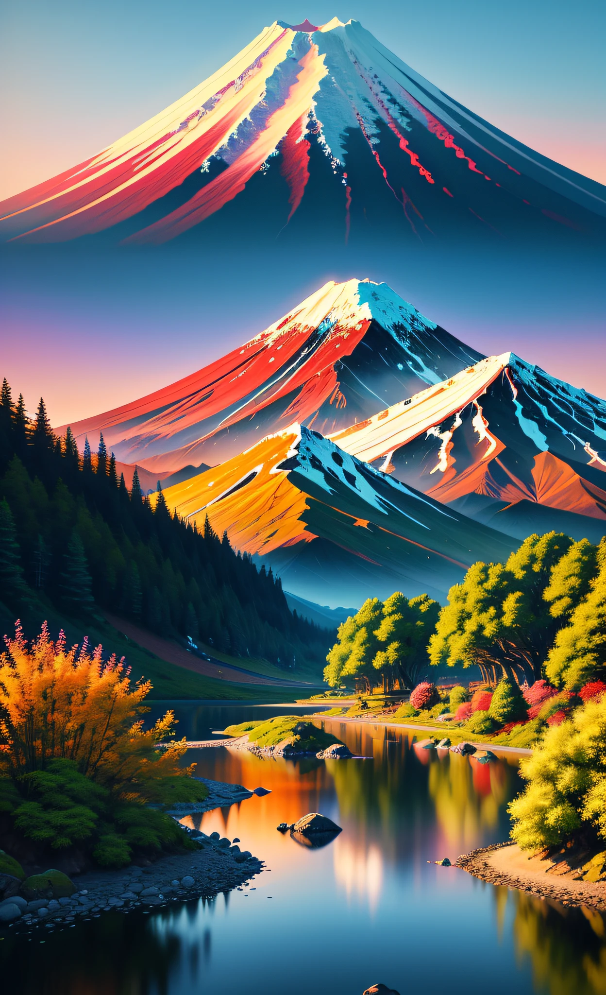 A photo-realistic painting of a tranquil mountain landscape, featuring Mount Fuji and a vibrant garden below., ray tracing, cinematic lighting, Futurism, modern, Realism, super detail, best quality, highres, 8k, 16k, best quality