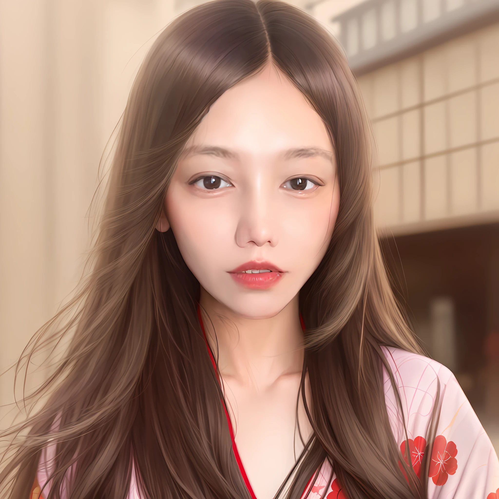 Realistic portrait with long healthy and silky hair, bangs, wearing a Japanese kimono, and a high-end Japanese restaurant in the background