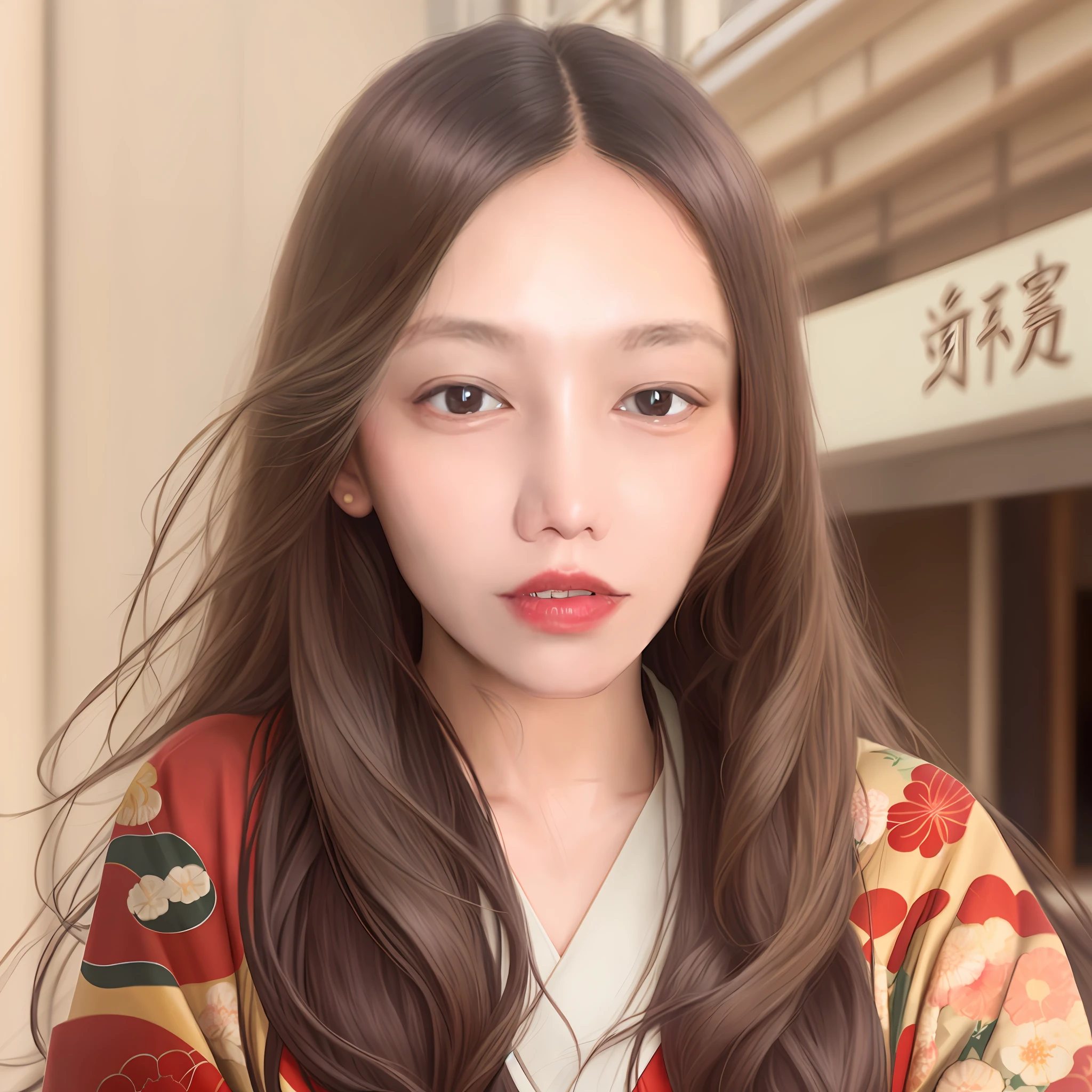 Realistic portrait with long healthy and silky hair, bangs, wearing a Japanese kimono, and a high-end Japanese restaurant in the background