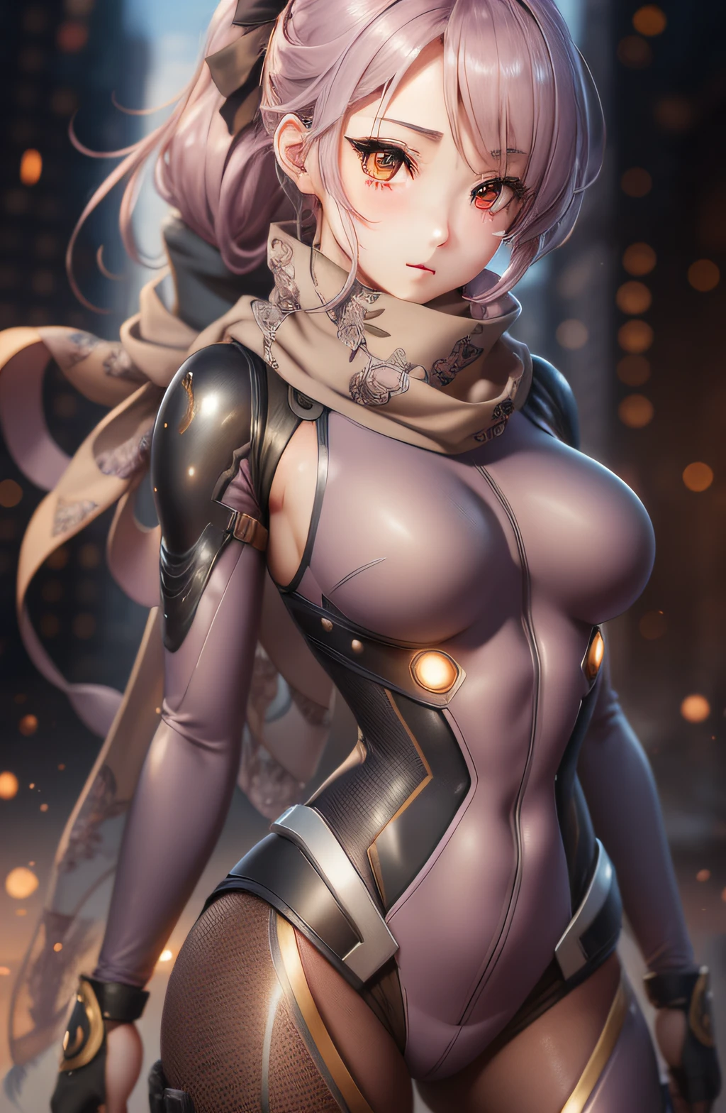 ""Waist"" Beauty anime girl /// (Character) wearing detailed combat body suit with scarf, upperbody shots, detailed skin, face sharp focus, detailed eyes and pupils, detailed hair, intricate details and sharp, masterpiece, global illumination, real shadow, bokeh, best quality, photorealistic, realistic, 8k