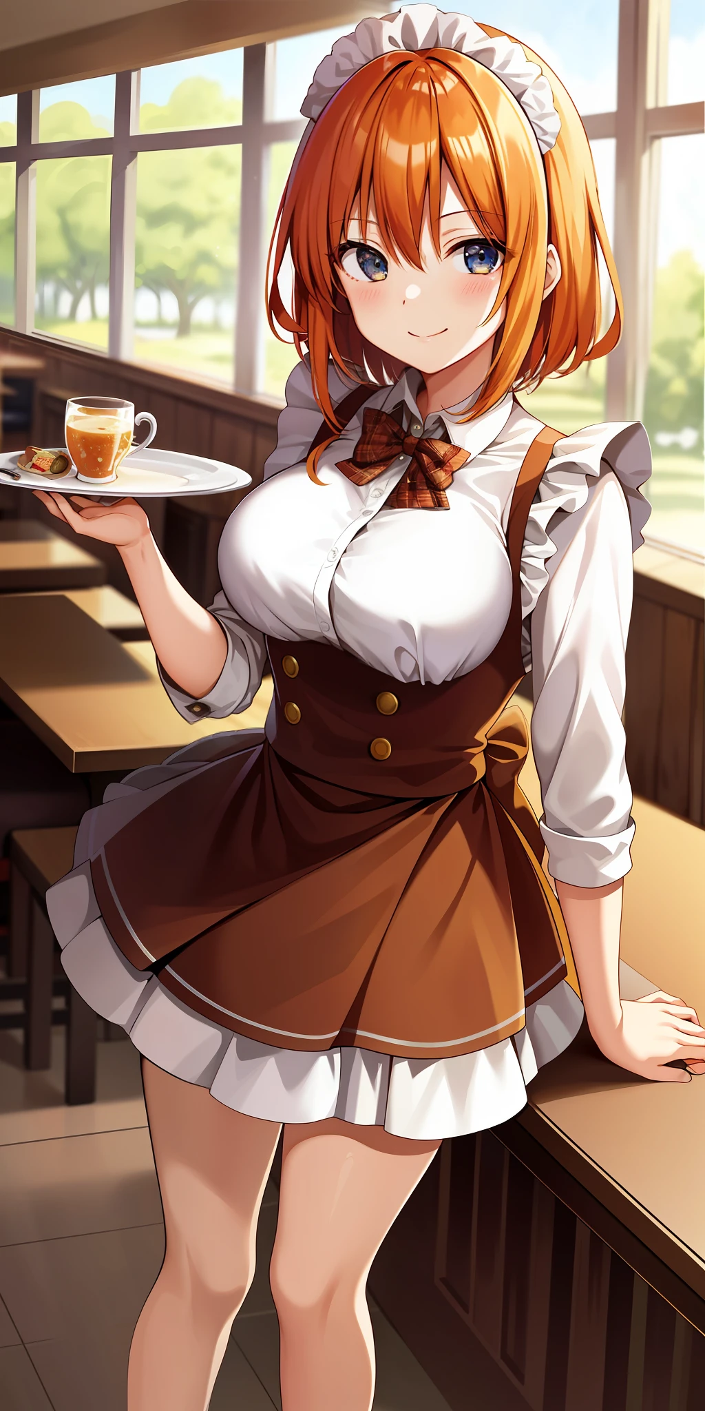 2d, masterpiece, best quality, anime, highly detailed, 1girl, solo, cowboy shot, nakano yotsuba, orange hair, maid dress, maid, meidofuku,  medium breasts, standing, cafe, indoor, smile, sexy pose, table, chair, food, drink,