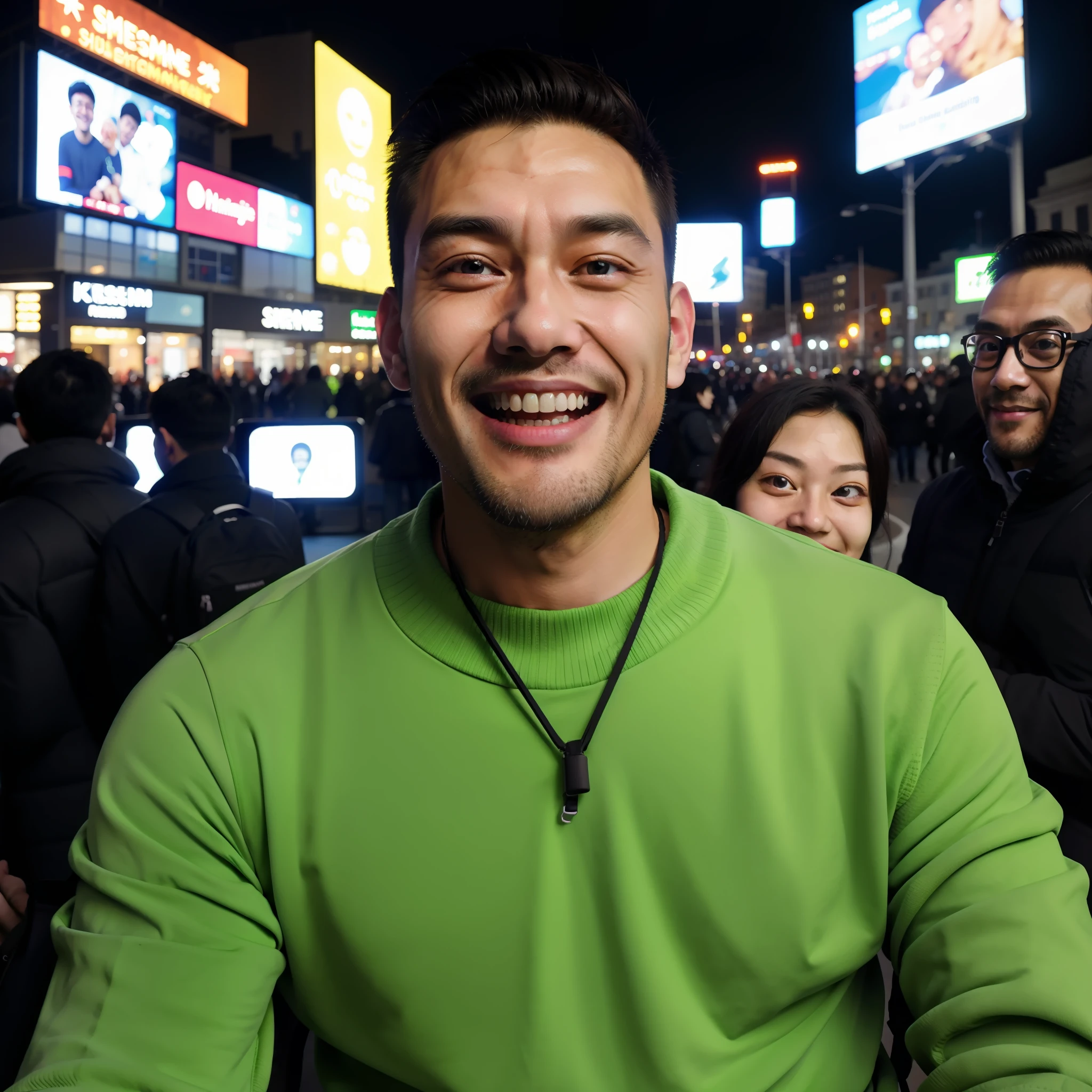 man taking a selfie, first person, fisheye lens, korean man 28 years, lime green sweater, backpack on back, happy, smiling, masterpiece, high quality image, perfect face, contrast, shadows and lights, public square