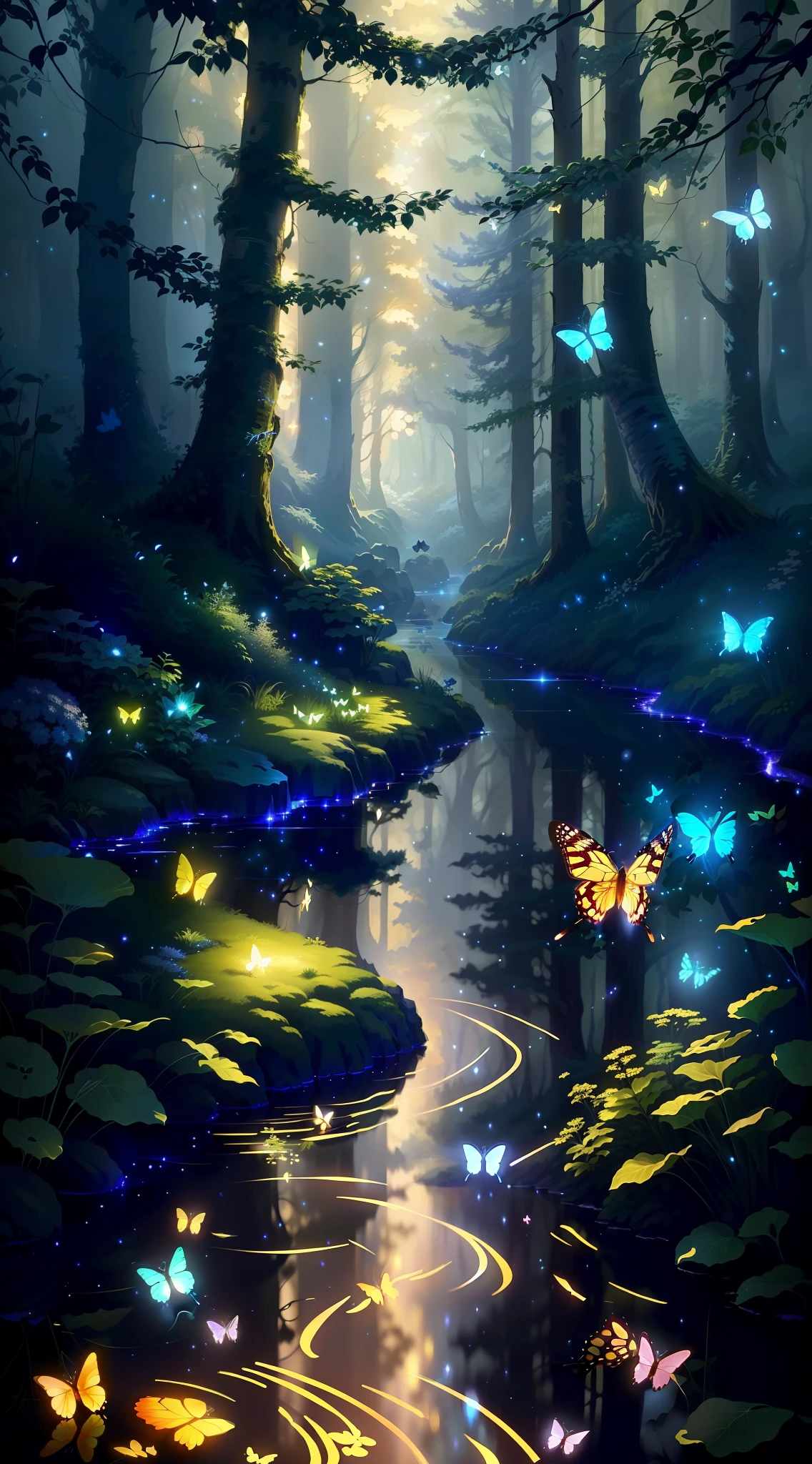 Magical butterflies dance around glowing forest streams, night illusions, fairy-like fireflies twinkling in the background. John-style anime forest, perfect detail depiction, artistic wallpaper, the ultimate beauty of digital art, 8K HD resolution faithfully presented, people are immersed. --auto --s2