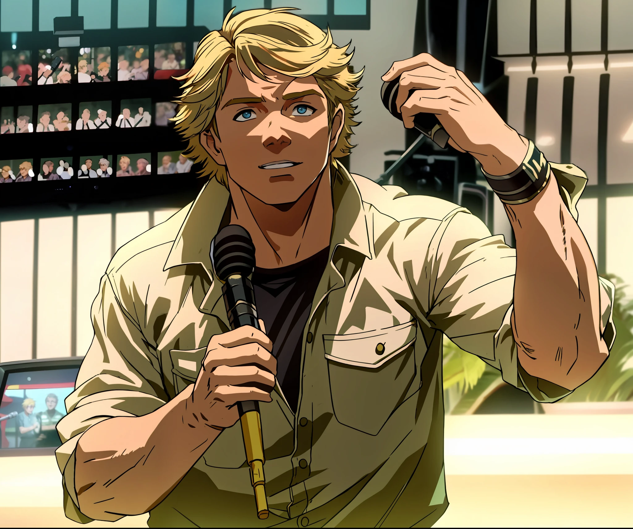 Steve irwin , australian, 1 boy, male focus, blonde hair, looking at viewer, perfect anatomy, holding, holding a microphone speaking to a crowd, detailed face, detailed eyes,