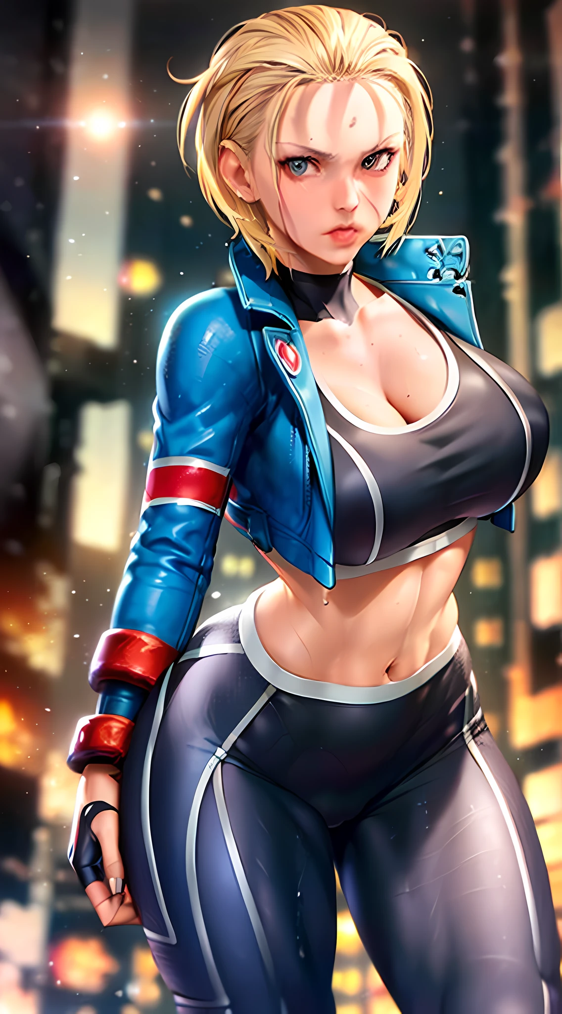 1 girl, caucasian, ((detailed face)), milf cammy from street fighter wear ((jacket)), (blue jacket over) [black sport tank top] and (black yoga pants), (blonde caret hairstyle, short hair), night street background, (arms behind back), (bend over), looking at camera, blur