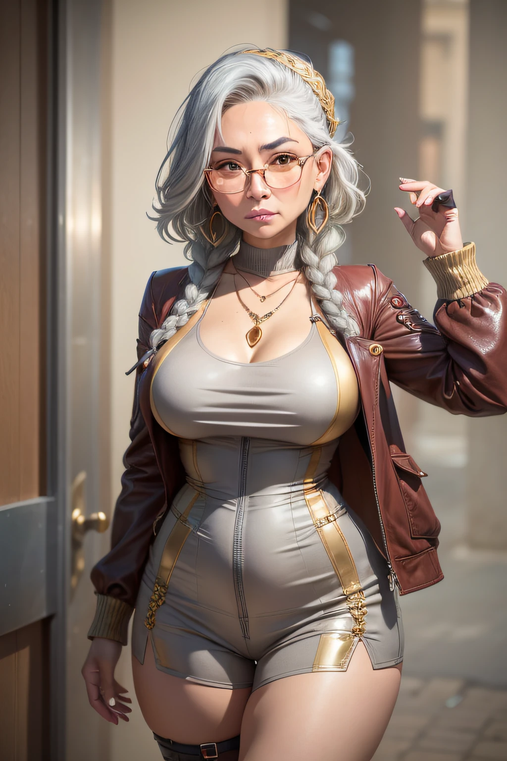 old, Spanish Taiwanese, (woman) looking at camera, Chocolate skin, diamond head shape, full stretched lips, droopy piercing eyes, amber eye colour, unshaped feathery eyebrows, small short nose, square freckles cheeks, round cleft chin, round prominent jawline, wide narrow forehead, protruding ears, expression of defeat, puckering, Metallic Lipstick, Braided hair, gray hair colour, glasses, Gloves Necklace, large breasts, calloused body type, hands in pocket, gold vermilion, Sheath dress, Knee-length Shorts, Loafers,