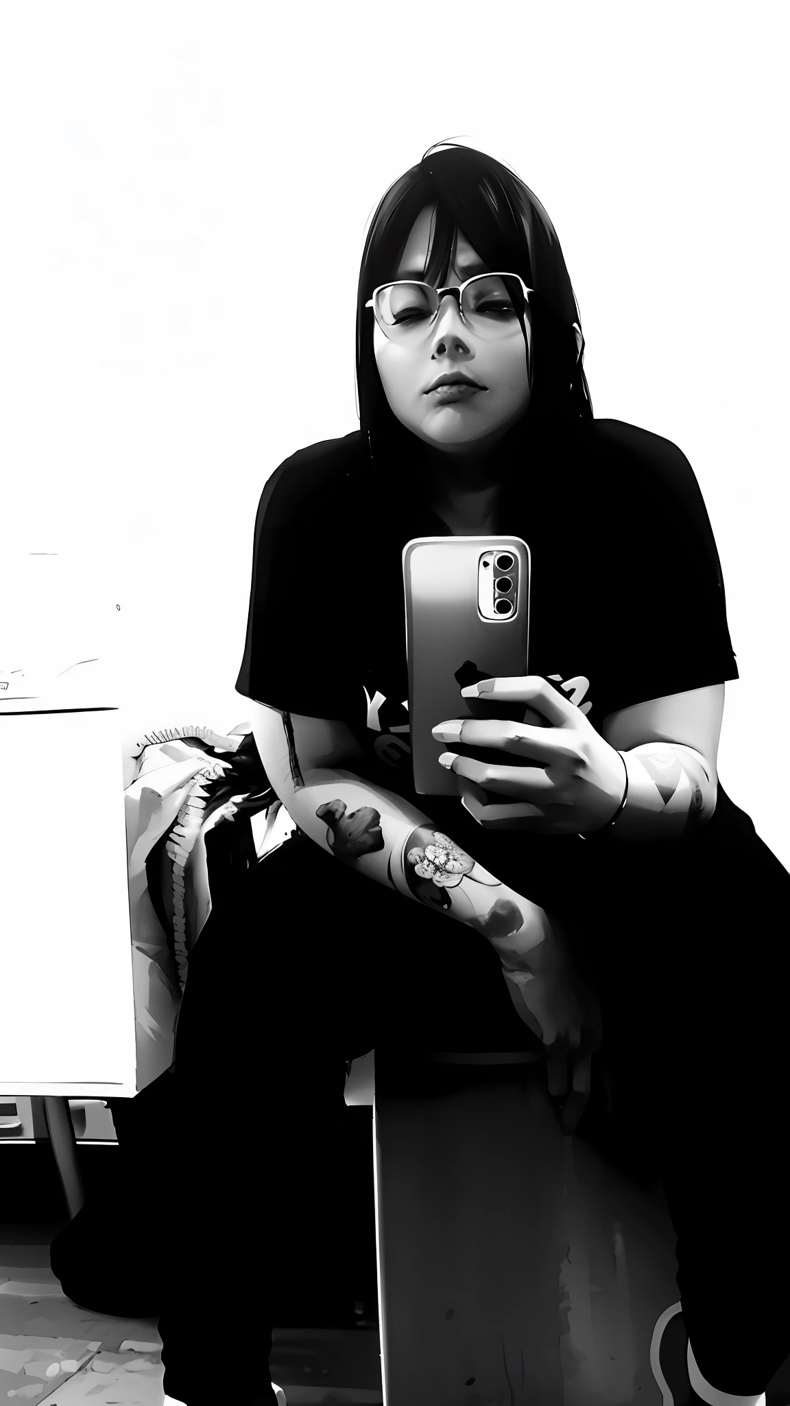 arafed woman sitting on a suitcase looking at her cell phone, with tattoos, in black and white, black and white picture, desaturated!!, very very low quality picture, b&w photo, inked, low quality photograph, heavy grainy picture, low quality photo, black and white. high contrast, taken with a leica camera, black and white)
