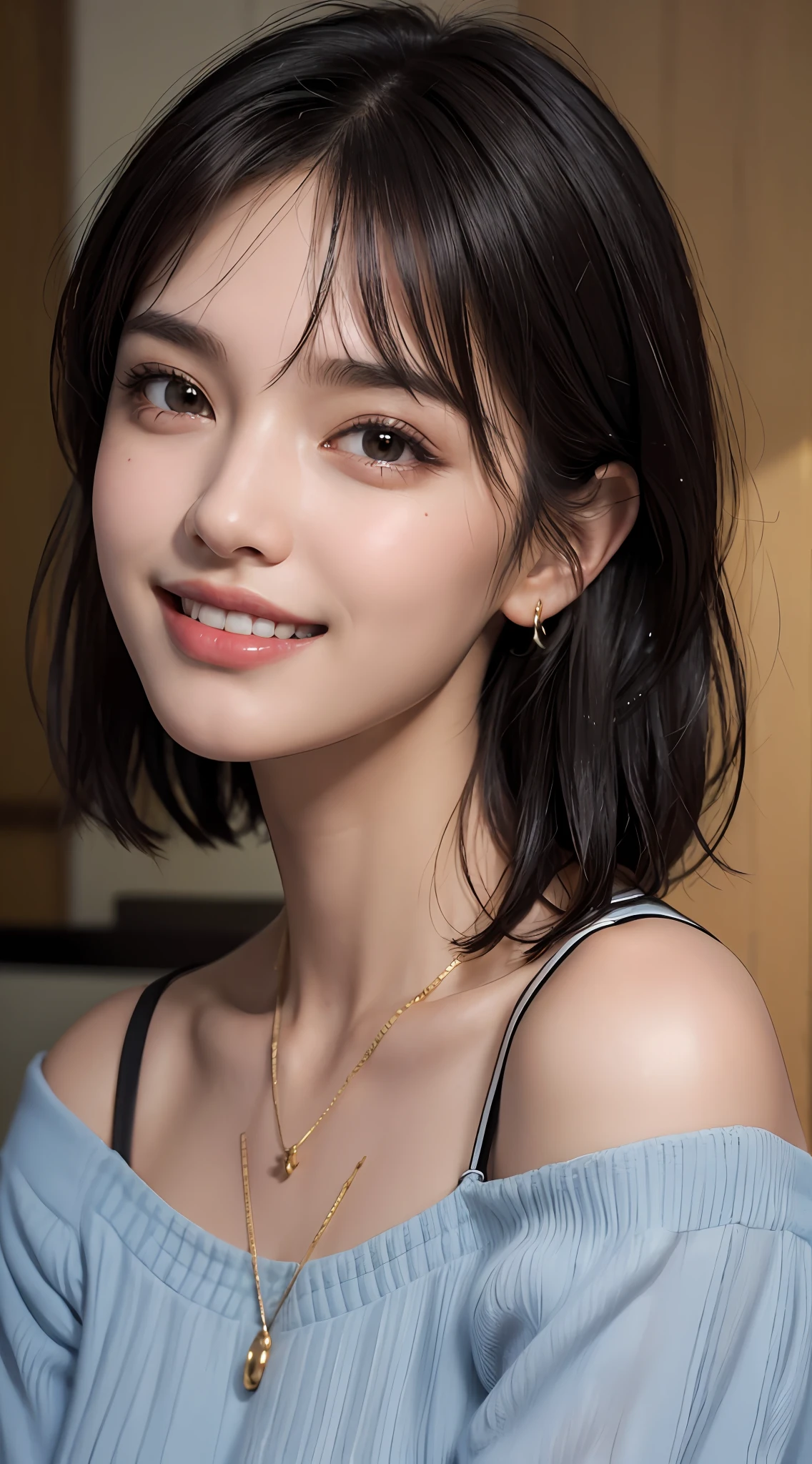 (top quality, 8k, masterpiece: 1.3), pretty woman with perfect figure: 1.4, dark brown hair, big, wearing pendants, torn shorts, sleeping in bedroom, very detailed face and skin, detailed eyes, double eyelids, top quality, masterpiece, (photorealistic: 1.4), one woman, golden ratio, high angle shot, upper eye care, low angle shot, perfect face, beautiful figure, cute face, face close-up, zoom in on face, short bob, short hair, smile from different angles, smile, gloss, highlight, gloss, glossy on skin, glossy on skin, wet skin, wet, bangs, cute smile, bust, off-shoulder, refreshing charm, elegant, perfect hands, smile from angle, smile, shiny, highlight, glossy skin, bangs, bust, big, Warm off-shoulder, refreshing charm, ears out, gaze to the camera, poses at different angles
