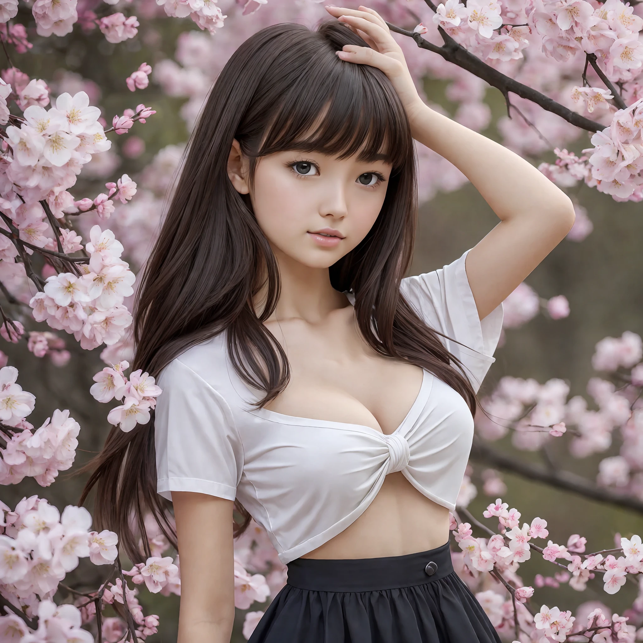 photorealistic, realistic, RAW photo, masterpiece, top quality, high resolution, illustration, symmetry, one girl, skirt lift, (bowed), (nude shirt: 1.5), (t-shirt: 1.5), (cleavage: 1.5), delicate and cute, perfect face, beautiful detailed eyes, fair skin, real human skin, pores, height 158cm, weight 53kg, bust 83cm (D cup), Waist 61cm, Hips 86cm, ((Thin legs)), Medium hair, (Black hair), Cherry blossom background, --auto --s2