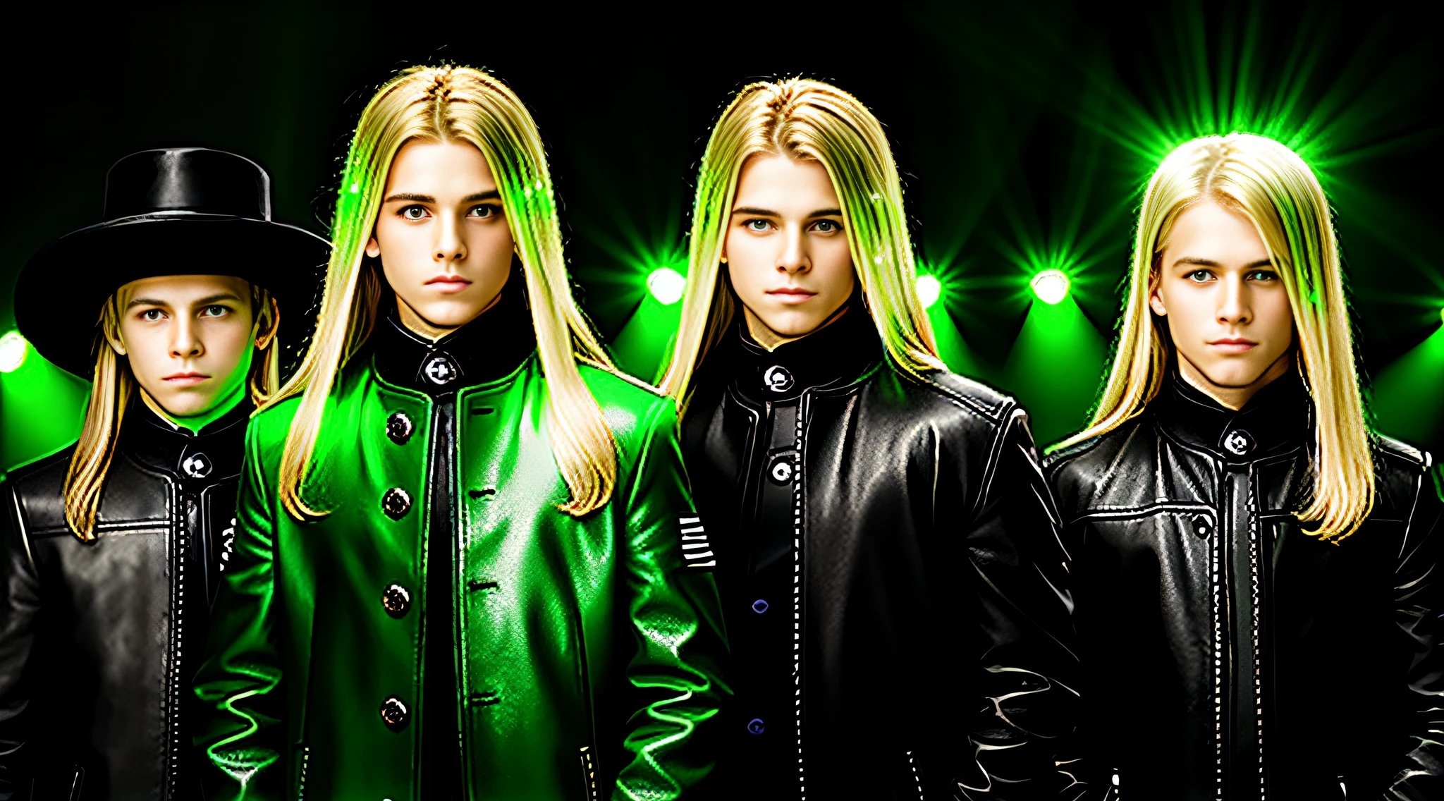 4 BOYS Russian children with 20 years of age, WITH LONG BLONDE STRAIGHT HAIR, WITH GREEN LEATHER OVERCOAT, PORTRAIT STYLE, WITH BLACK BACKGROUND AND ILLUMINATED IN THE BACKGROUND WITH GREEN LIGHTS.