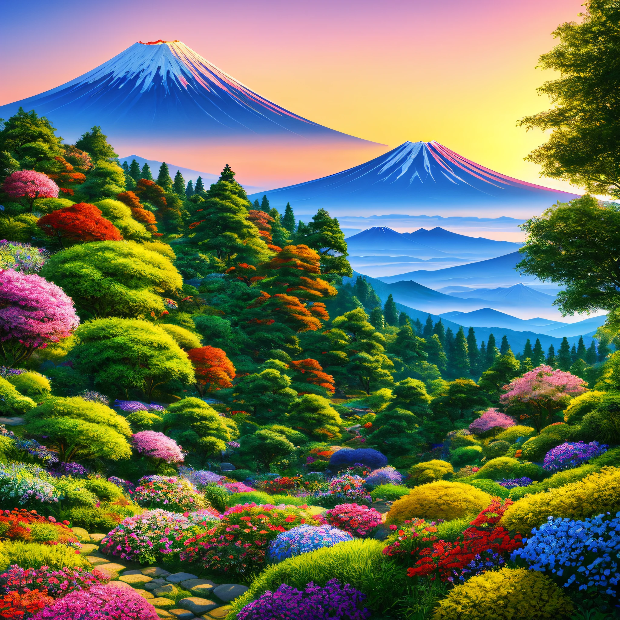 A photo-realistic painting of a tranquil mountain landscape, featuring Mount Fuji and a vibrant garden below., ray tracing, cinematic lighting, Futurism, modern, Realism, super detail, best quality, highres, 8k, 16k, best quality