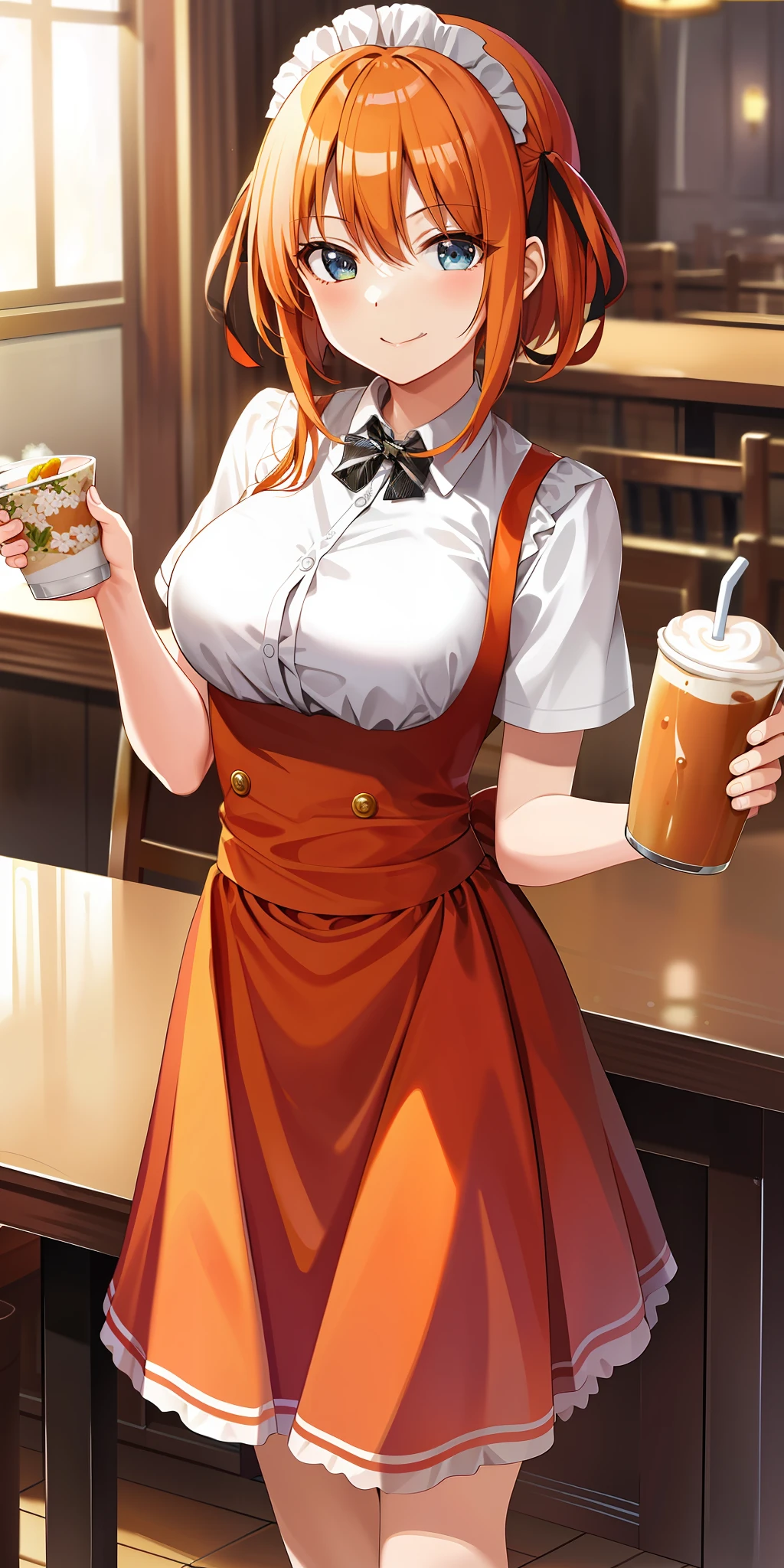 2d, masterpiece, best quality, anime, highly detailed, 1girl, solo, cowboy shot, nakano yotsuba, orange hair, maid dress, maid, meidofuku, medium breasts, standing, cafe, indoor, smile, sexy pose, table, chair, food, drink,