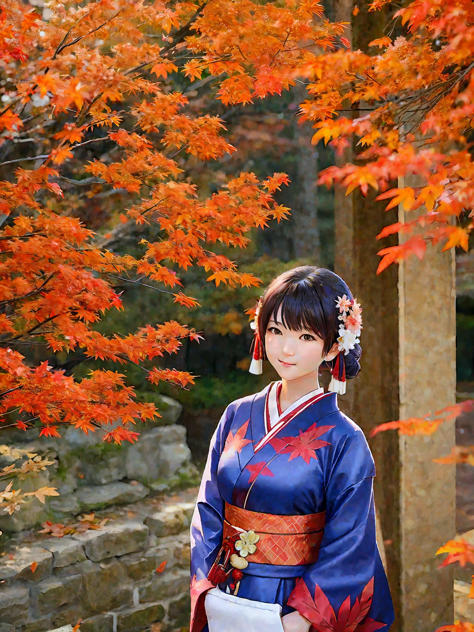 Alaf wearing Kaga Yuzen kimono standing in front of tree, beautiful, in kimono, autumn, kemono, wearing royal kimono, autumn empress, traditional beauty, naka yuan 节, happy!!!, 🍂 cute, in kimono, kimono, yoshitomo nara, 🍁 wearing kimono