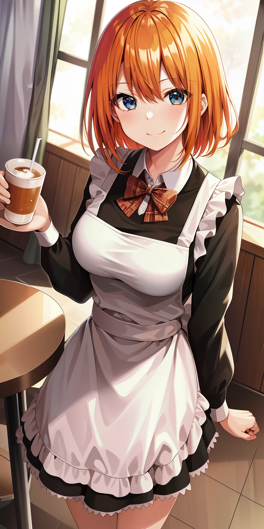 2d, masterpiece, best quality, anime, highly detailed, 1girl, solo, cowboy shot, nakano yotsuba, orange hair, maid dress, maid, meidofuku,  medium breasts, standing, cafe, indoor, smile, sexy pose, table, chair, food, drink,