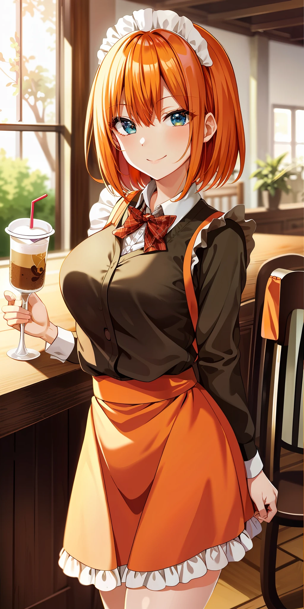 2d, masterpiece, best quality, anime, highly detailed, 1girl, solo, cowboy shot, nakano yotsuba, orange hair, maid dress, maid, meidofuku, medium breasts, standing, cafe, indoor, smile, sexy pose, table, chair, food, drink,