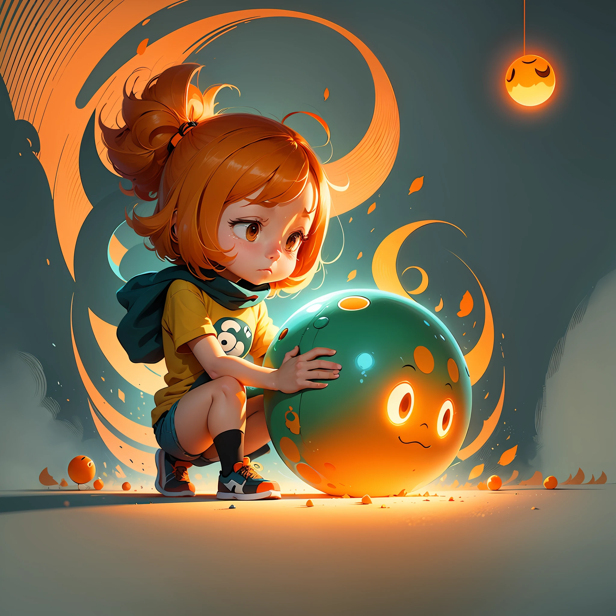 Cartoon illustration of a sad orange ball, Cyril rolling and Goro Fujita, mobile game art, adorable digital painting, sad light, winner of art contest at behance, Jen Bartel, gloomcore illustration, official art, bright and sad atmosphere, in the style of Cyril Rolando --auto --s2
