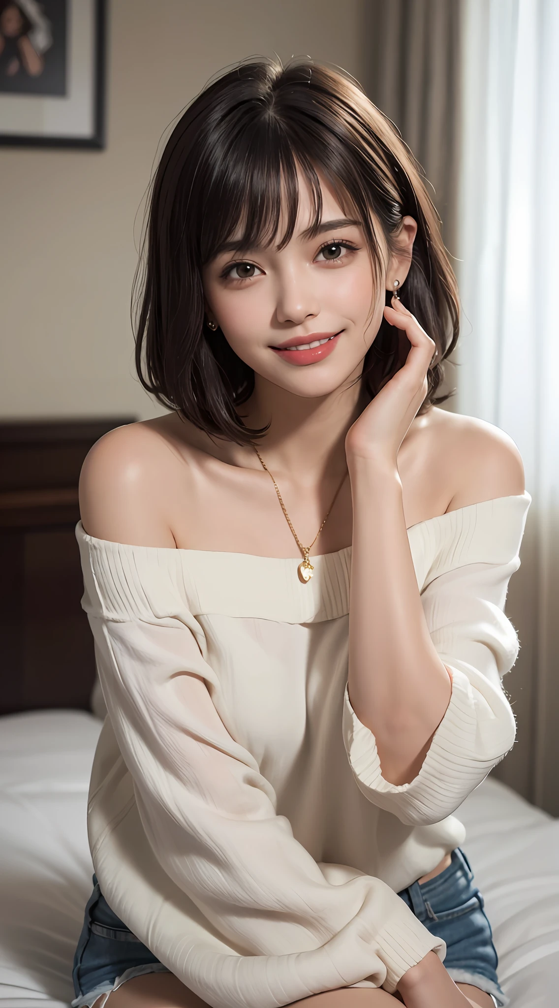 (top quality, 8k, masterpiece: 1.3), pretty woman with perfect figure: 1.4, dark brown hair, big, wearing pendants, torn shorts, sleeping in bedroom, very detailed face and skin, detailed eyes, double eyelids, top quality, masterpiece, (photorealistic: 1.4), one woman, golden ratio, high angle shot, upper eye care, low angle shot, perfect face, beautiful figure, cute face, face close-up, zoom in on face, short bob, short hair, smile from different angles, smile, gloss, highlight, gloss, glossy on skin, glossy on skin, wet skin, wet, bangs, cute smile, bust, off-shoulder, refreshing charm, elegant, perfect hands, smile from angle, smile, shiny, highlight, glossy skin, bangs, bust, big, Warm off-shoulder, refreshing charm, ears out, gaze to the camera, poses at different angles