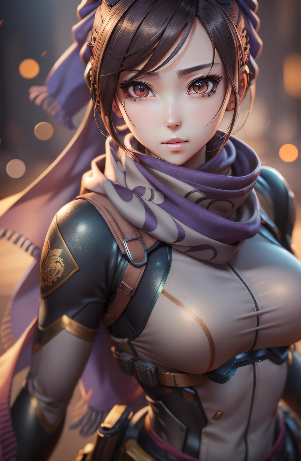 ((Waist)) Beauty anime girl /// (Character) wearing detailed combat body wheezy suit with scarf, upperbody shots, detailed skin, face sharp focus, detailed eyes and pupils, detailed hair, intricate details and sharp, masterpiece, global illumination, real shadow, bokeh, best quality, photorealistic, realistic, 8k