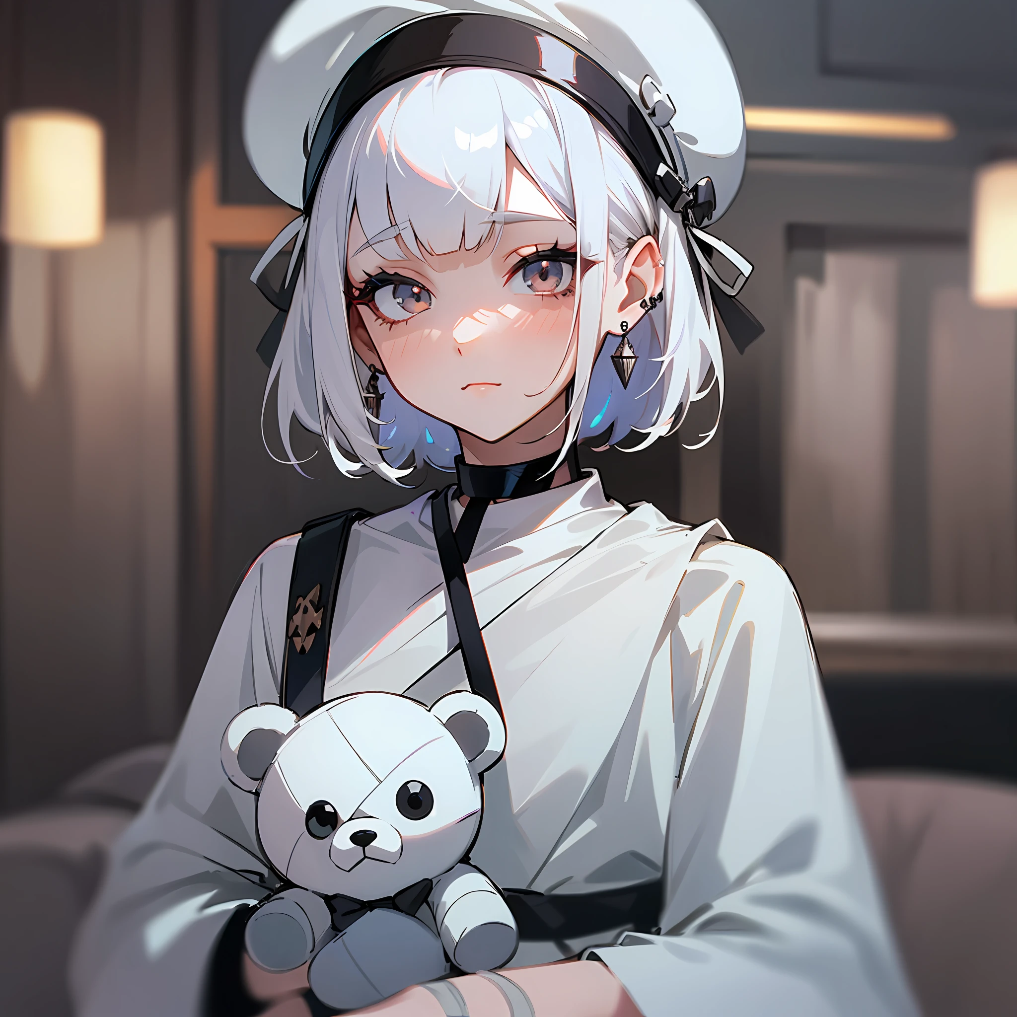 Girl wearing White Cap,Short White Hair,Hair Bangs,White eyes,Silver Eyelashes,Bandage on Cheek,Crux Immisia Style Earring,Waering Black Choker On Neck,Wearing White Sweater,Holding Teddy Bear Toy,(Best quality,Highest quality:1.4)