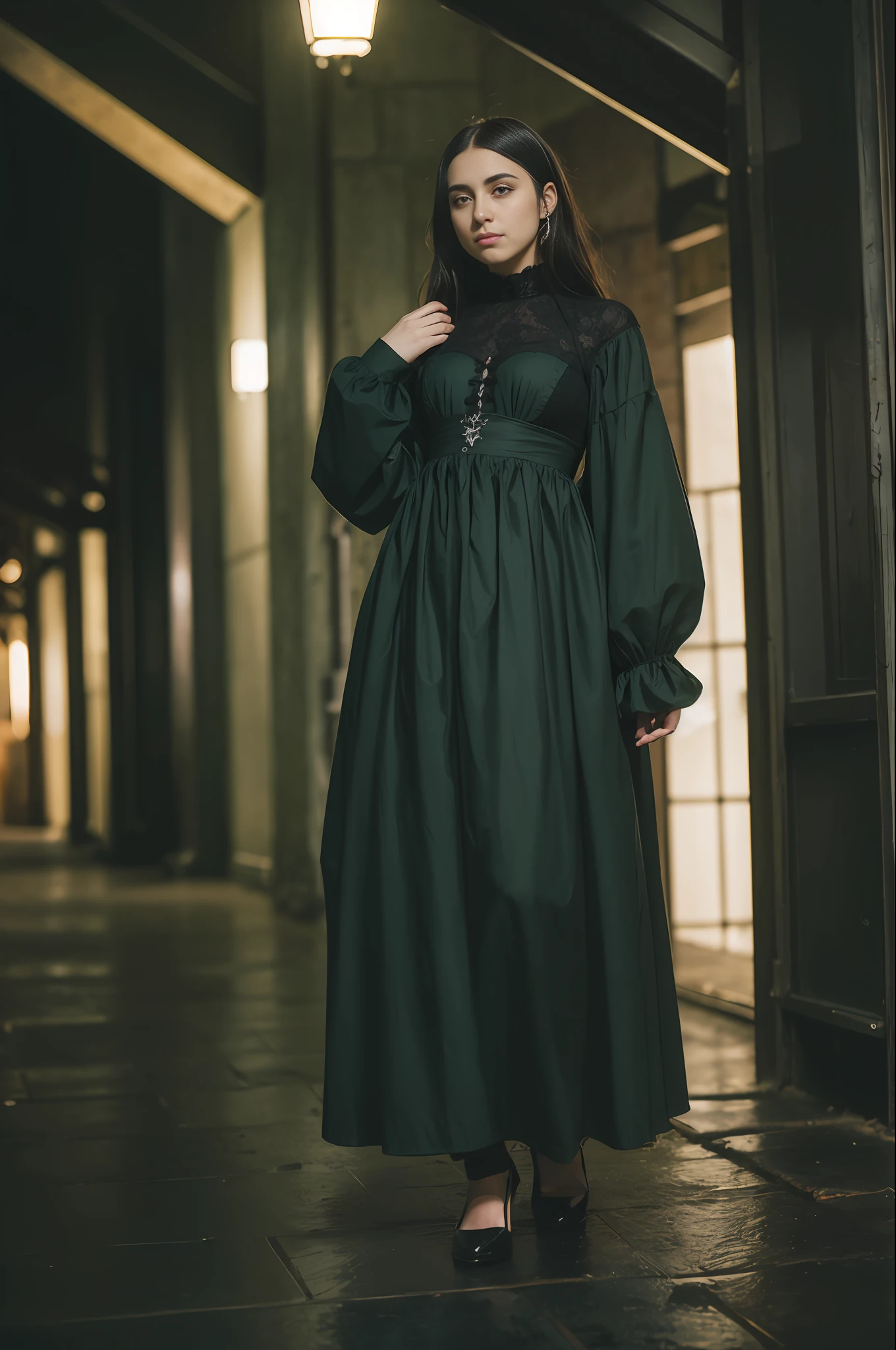 ((artistic photography)) Dark green sensual Victorian dress, in an environment of ((night photography)) Lauren Jauregui, smiling and happy in a ((urban installation)) full scale. ((colloquial)) I want more of this mysterious and seductive aesthetic!