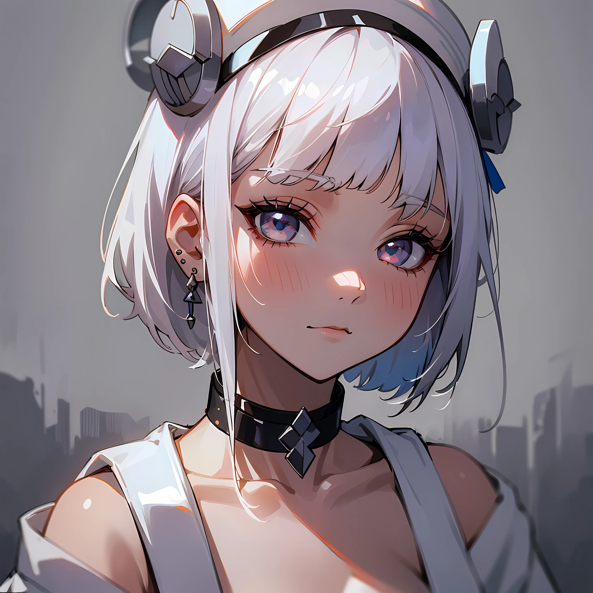 Girl wearing White Cap,Short White Hair,Hair Bangs,White eyes,Silver Eyelashes,Bandage on Cheek,Crux Immisia Style Earring,Waering Black Choker On Neck,Wearing White Sweater,Holding Teddy Bear Toy,(Best quality,Highest quality:1.4)