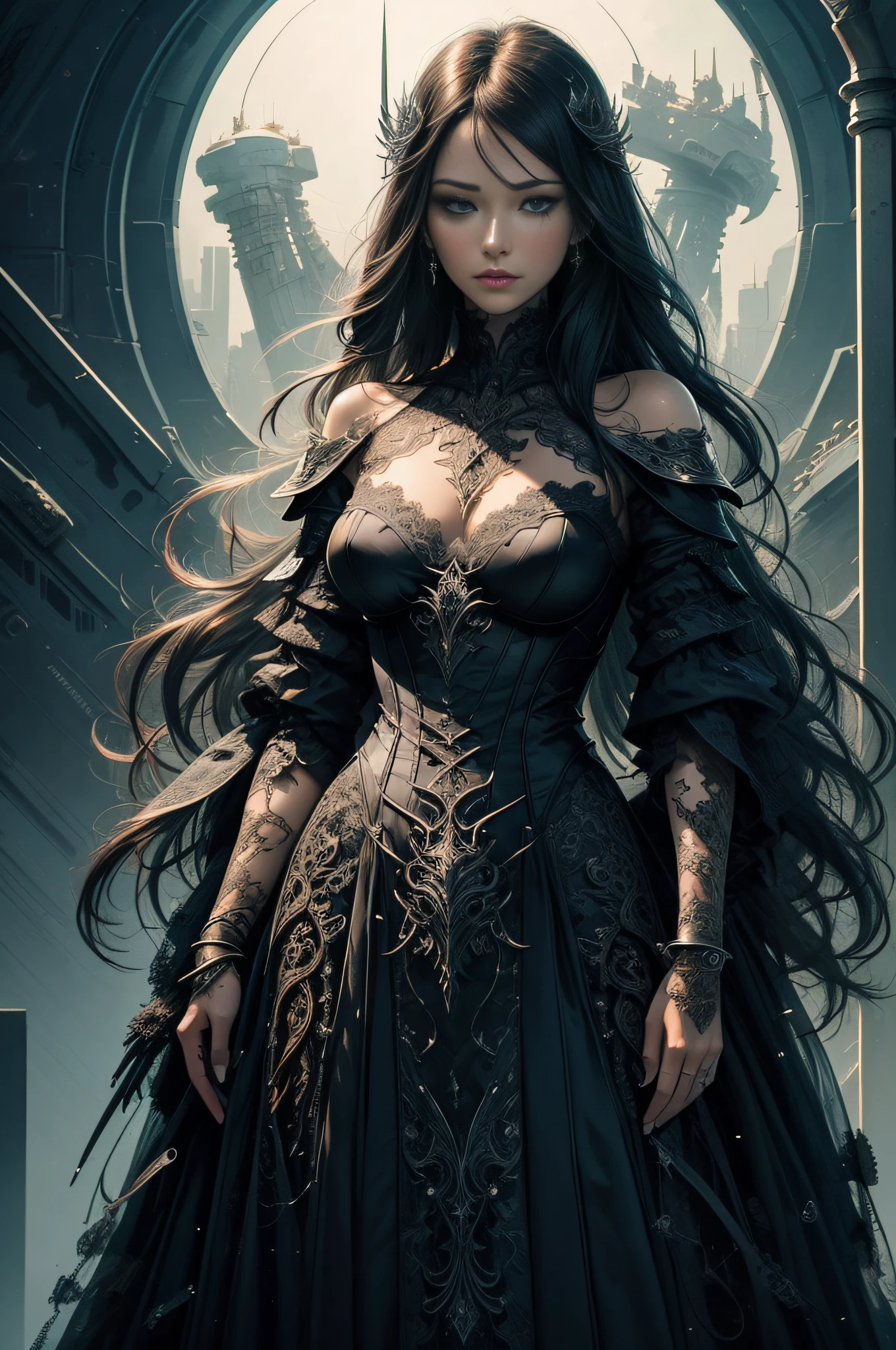 [Detailed illustrations,Art based on extremely ideal anatomy,Very detailed and detailed drawings Delicate pen touch with slow urgency,Realistic texture expression,Complex decoration,(Detail, high definition),[Detailed illustration,Art based on extremely ideal anatomy,Very detailed and detailed drawing Delicate pen touch with slow urgency,Realistic texture expression,Complex decoration,,Ideal color coordination,(( Color tressed lines)),((Accurate simulation of light-material interactions, understanding of air flow, mechanically correct representation)),(Artwork of outstanding virtuosity)],((Fine and beautiful skin expression (transparency))),(Realistic face details Perfect and beautiful face),(Perfect eye (Realistic eye details (beautiful iris drawn in detail) (Sharp pupil))),(Ruins background),MACHINEAlice anime Beauty (tall tall) 16 years old Smooth straight hair (long transparent hair) AUTOMATON,Black dress Black rose ((lace pattern)) Alien Armor (Transparent Material) Chain (Thorn) (Titanium Alloy) Cybernetic Gothic Lolita,[HighQuality,High Resolution,(((Multilayer Texture))],(( Perfectly proportioned proportions)),((visual art that conveys a sense of narrative)).