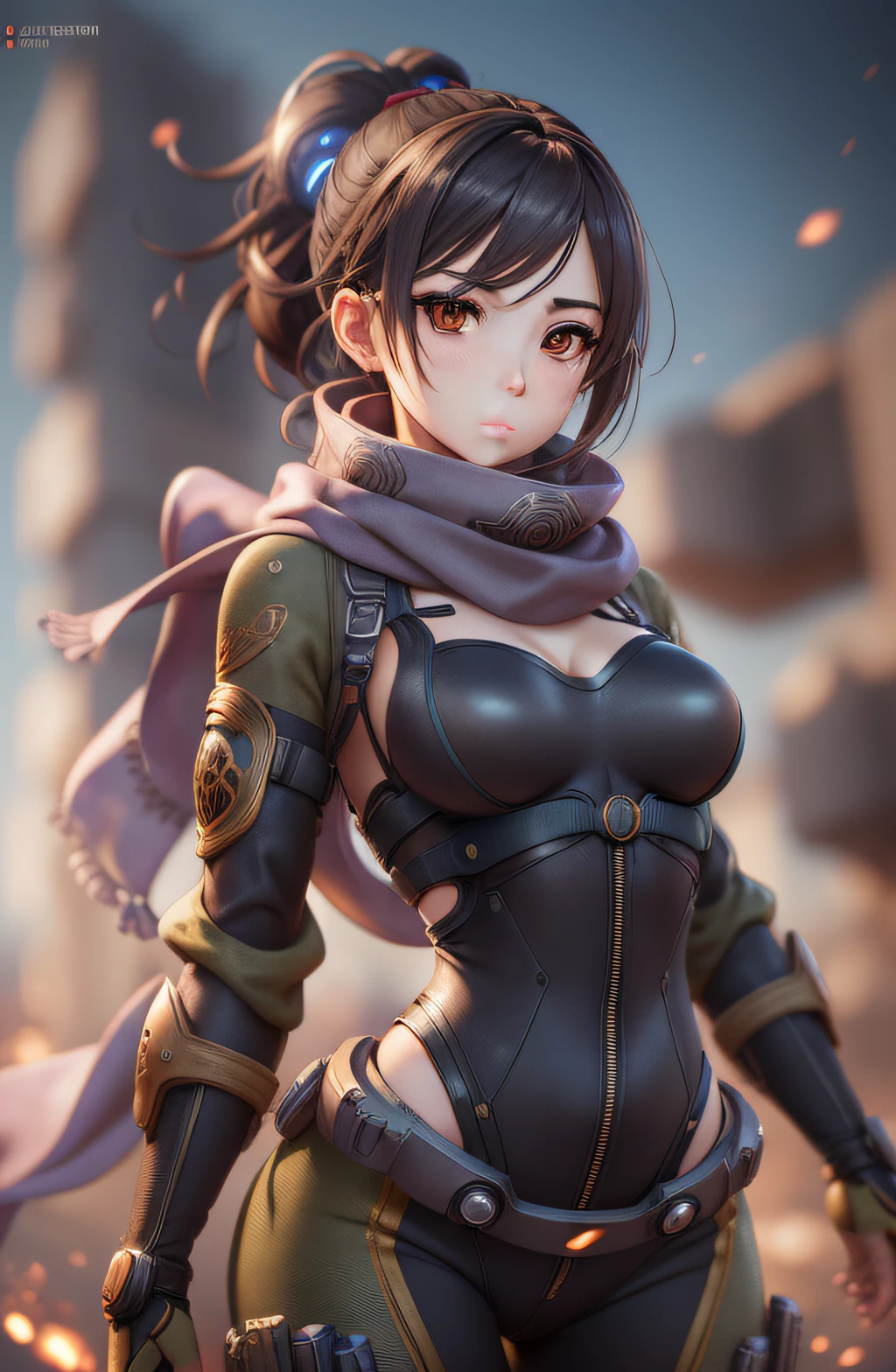 ((Waist)) Beauty anime girl /// (Character) wearing detailed combat body wheezy suit with scarf, upperbody shots, detailed skin, face sharp focus, detailed eyes and pupils, detailed hair, intricate details and sharp, masterpiece, global illumination, real shadow, bokeh, best quality, photorealistic, realistic, 8k