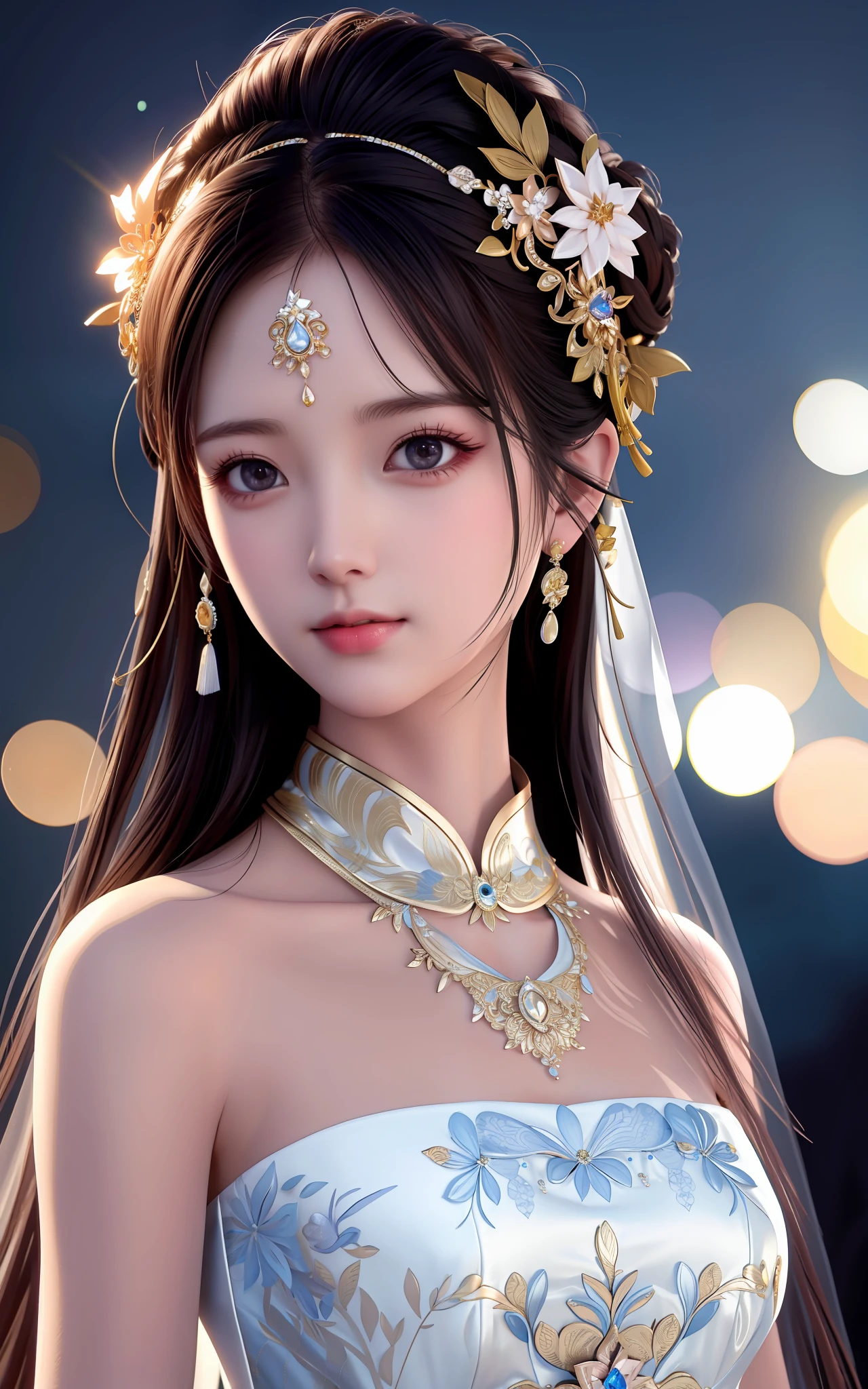 best quality, masterpiece, highres, 1girl,china wedding dress,hair ornament,necklace, jewelry,Beautiful face,upon_body, tyndall effect,photorealistic, dark studio, rim lighting, two tone lighting,(high detailed skin:1.2), 8k uhd, dslr, soft lighting, high quality, volumetric lighting, candid, Photograph, high resolution, 4k, 8k, Bokeh