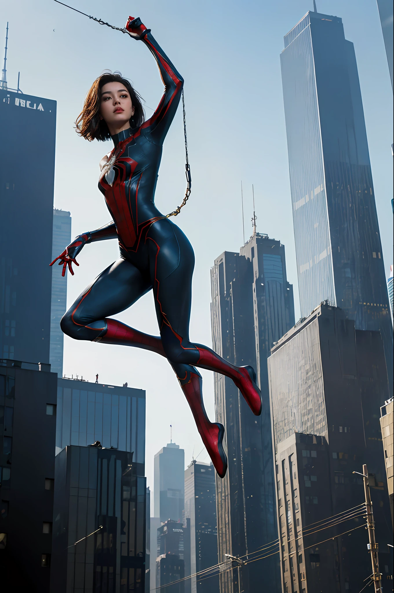 Top quality, delicate face, (((full body)), 20-year-old woman, (((beautiful face)), slim body, metal body, (between skyscrapers), full body special equipment, spider-man suit, (jumping high), weightless posture, mid-air, small bust, cyberpunk, sci-fi, suspended in the air