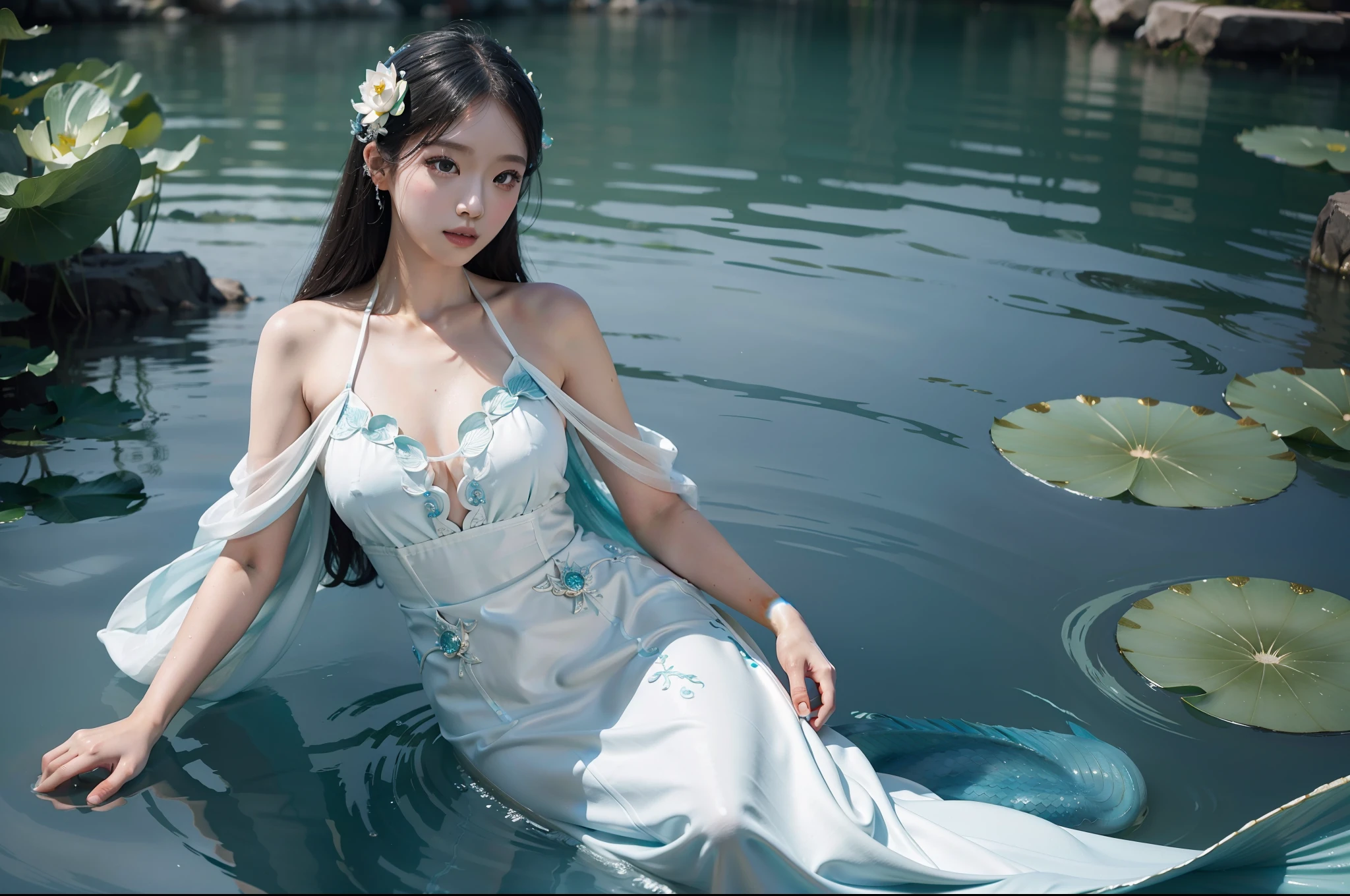 Mermaid digitally painted beauty, highly detailed film water and ocean palette, swimming in water in white hanfu long dress without revealing body, huge lotus flower in white, delicate facial details, spotlight, perfect composition, surreal, hyper-detailed, 8k, high quality, clear focus, intricate details, highly detailed, dynamic lighting, detailed and complex environment,