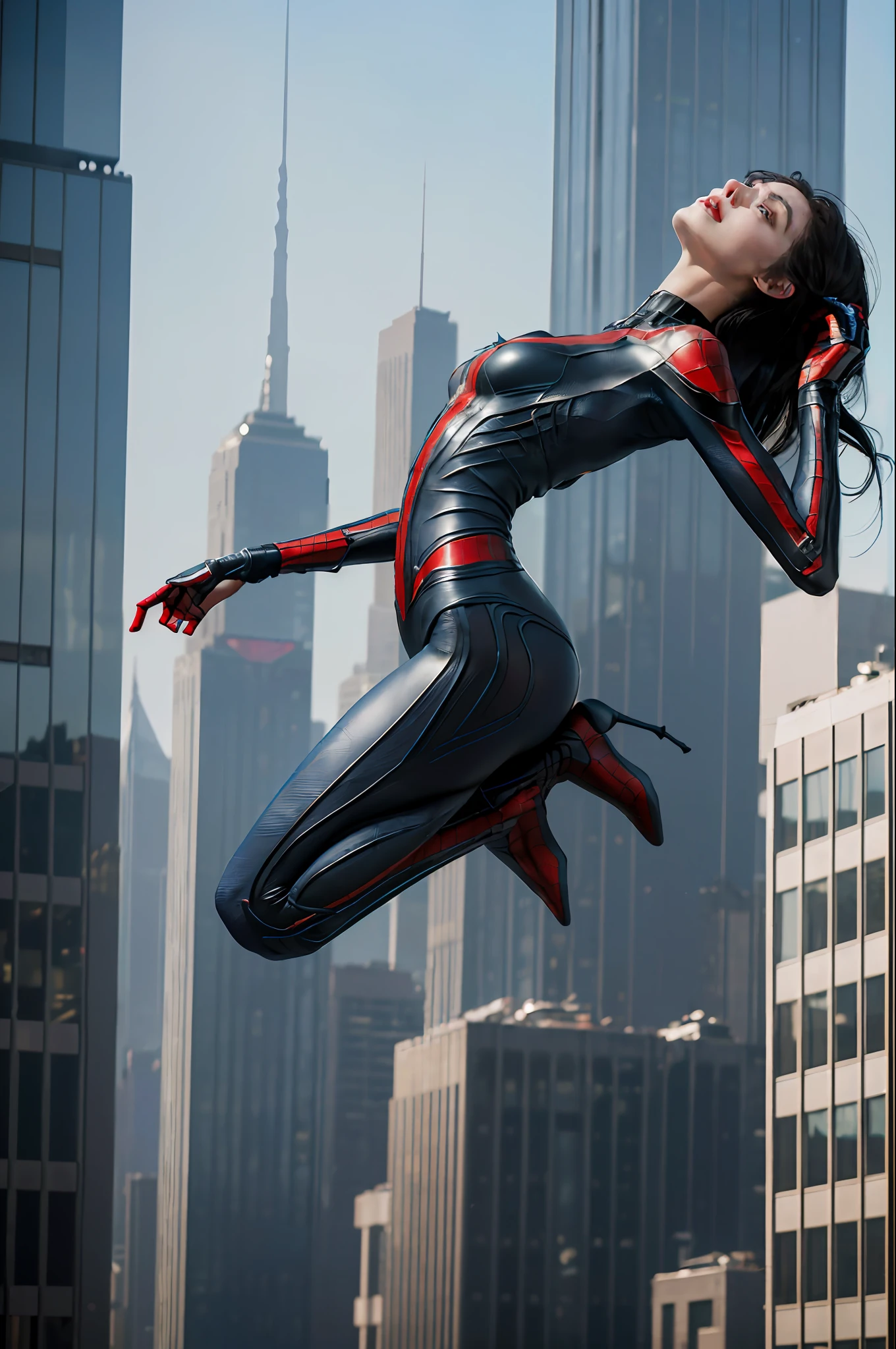Top quality, delicate face, (((full body)), 20-year-old woman, (((beautiful face)), slim body, metal body, (between skyscrapers), full body special equipment, spider-man suit, (jumping high), weightless posture, mid-air, small bust, cyberpunk, sci-fi, suspended in the air