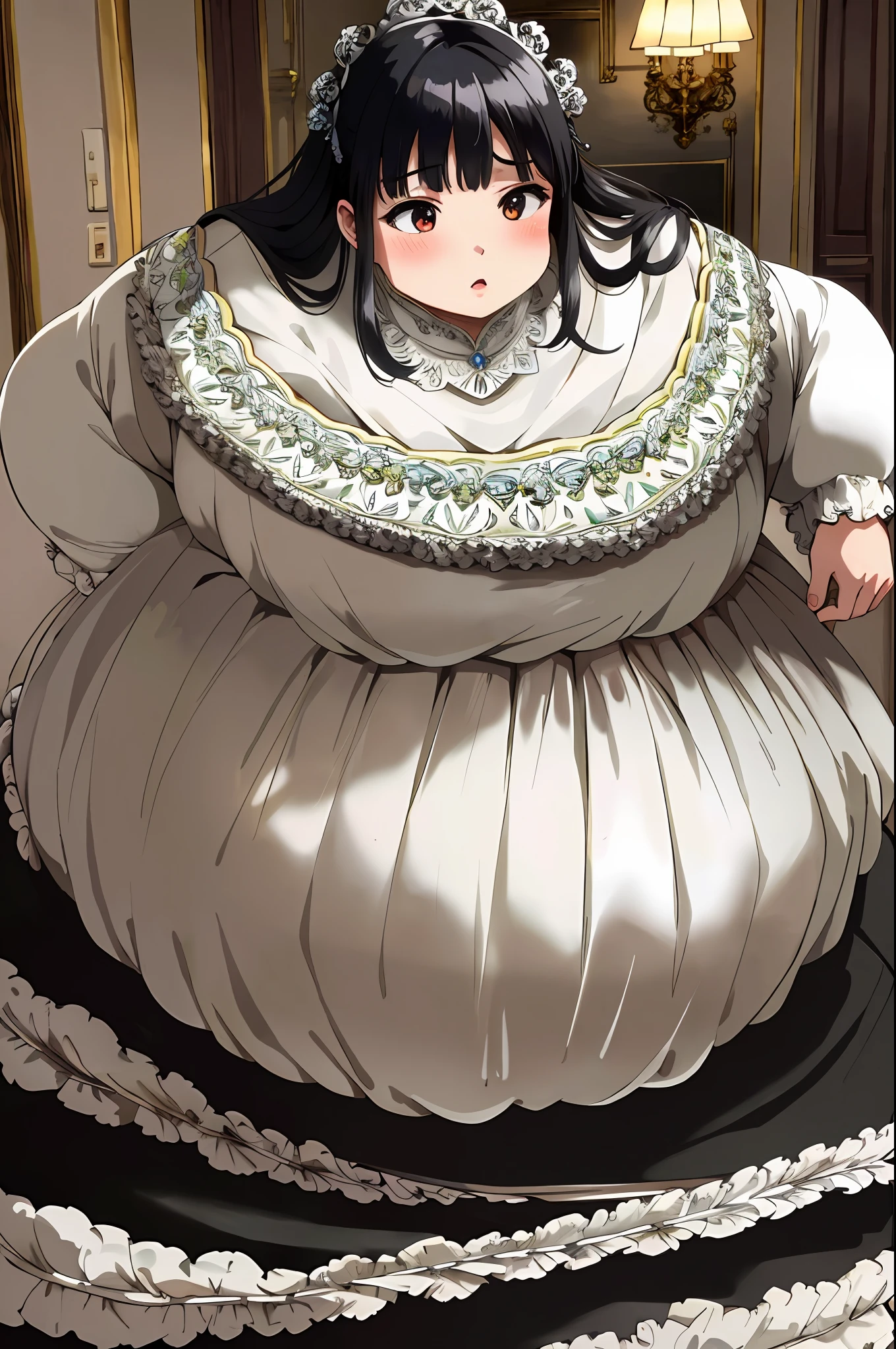 (masterpiece, best quality, hyper quality, perfect anatomy, finely detailed, intricate details, Impeccable attention to detail, masterful execution, beauty, Exceptional quality, flawless craftsmanship, expressive artistry:1.3), (bbw, chubby, plump:1.45), 1girl, nsfw, black hair, long hair, bang, wide waist, wide body,