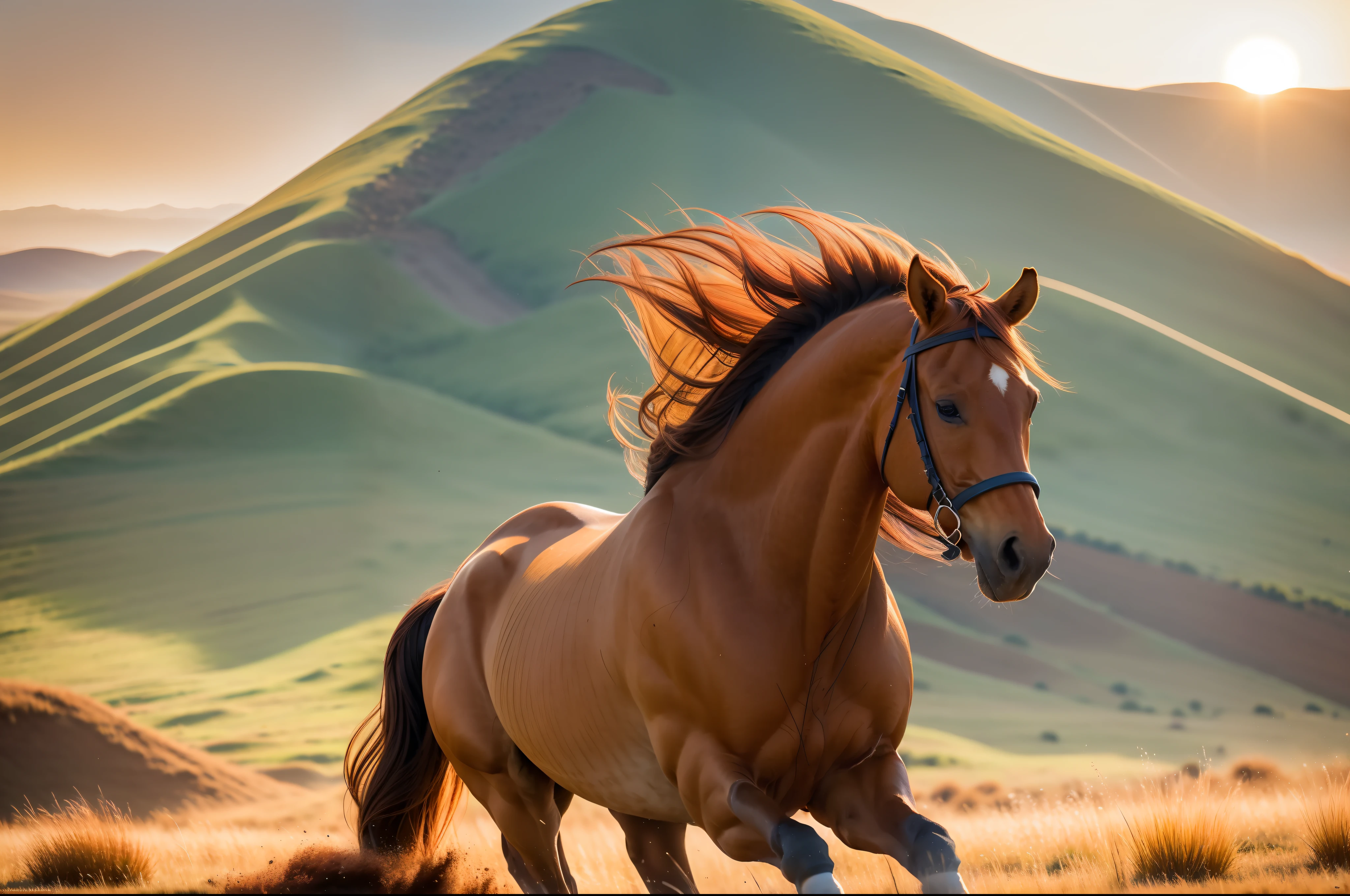 A brown-red horse galloped across the steppe in the setting sun, full limbs, long mane,