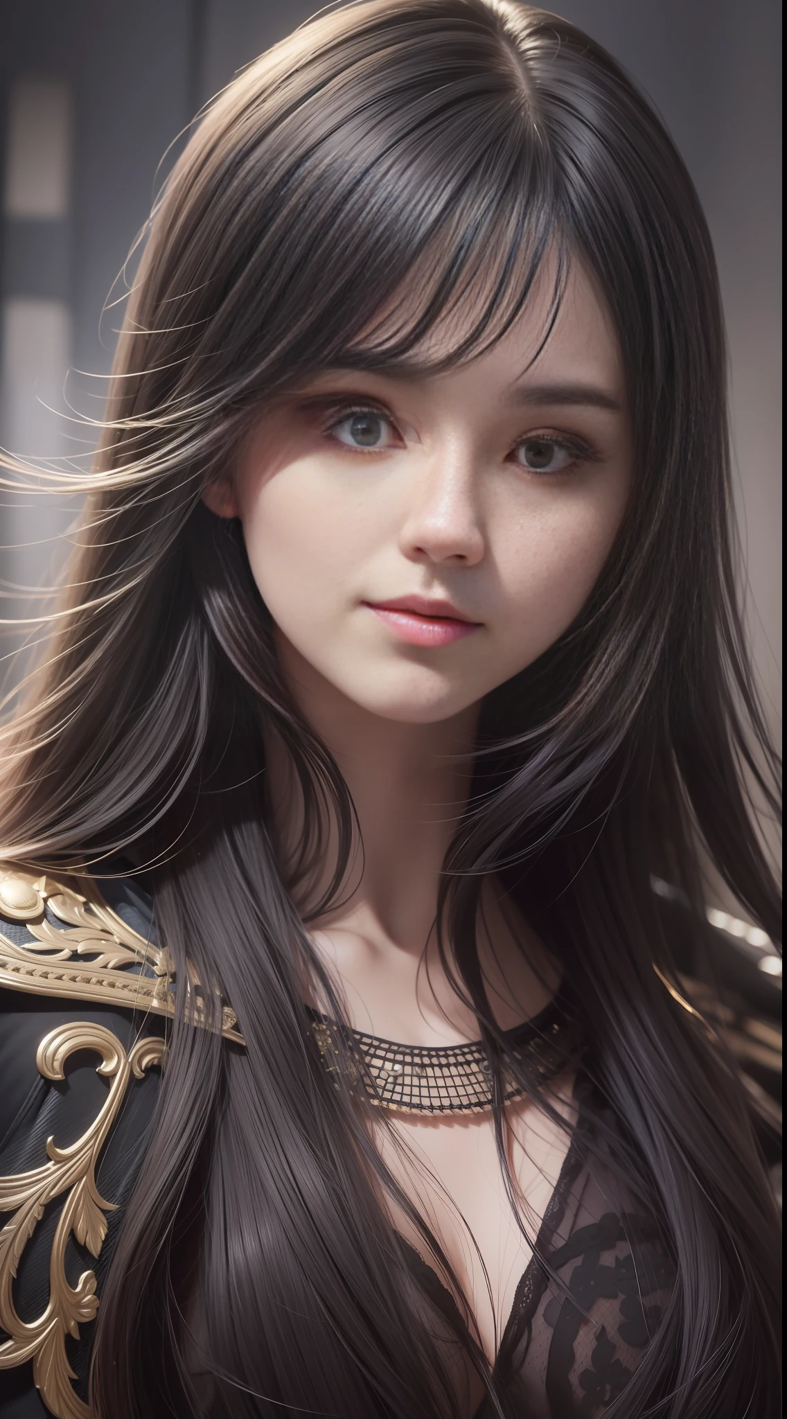 (Ultra Realistic), (Illustration), (Increased Resolution), (8K), (Extremely Detailed), (Best Illustration), (Beautiful and Detailed Eyes), (Best Quality), (Ultra Detailed), (Masterpiece ), ( wallpaper), (detailed face), solo, 1 girl, looking at viewer, fine details, detailed face, in the dark, deep shadows, low key, pureerosfaceace_v1, smiling, long hair, black shawl straight hair , 46 points oblique bangs