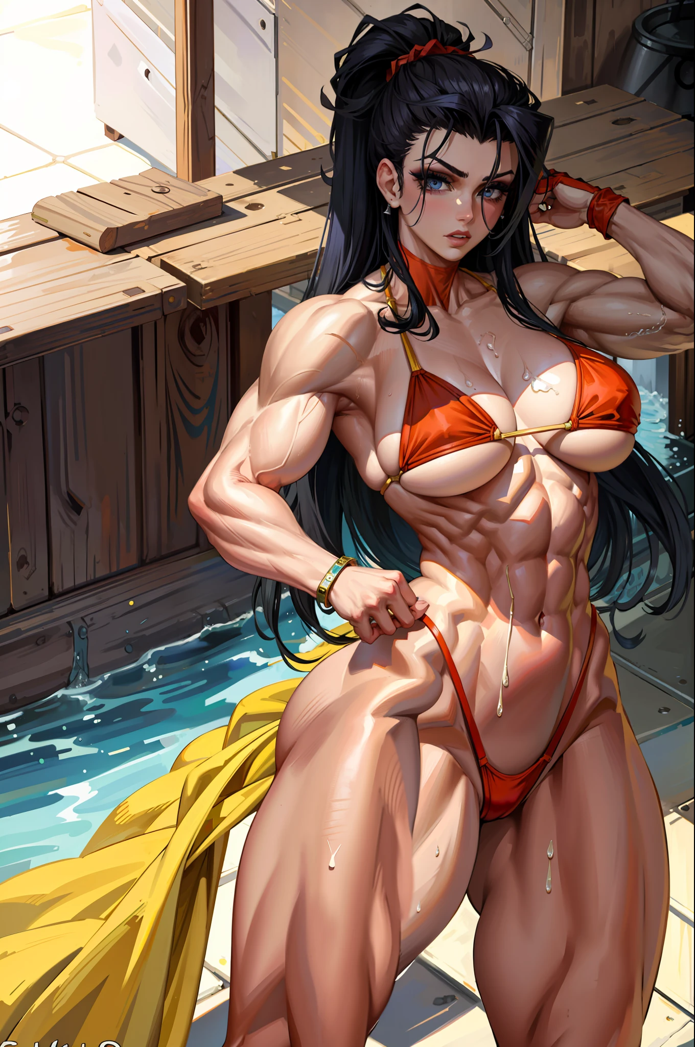 (masterpiece:1.2), (best quality:1.2), perfect eyes, perfect face, perfect lighting, 1girl, mature female, long hair, bored, pompadour cut, muscular, toned, navel, abs, sweat, thick thighs, broad shoulders, arm muscles, leg muscles, slutty bikini, at the gym, thick eyelashes, makeup