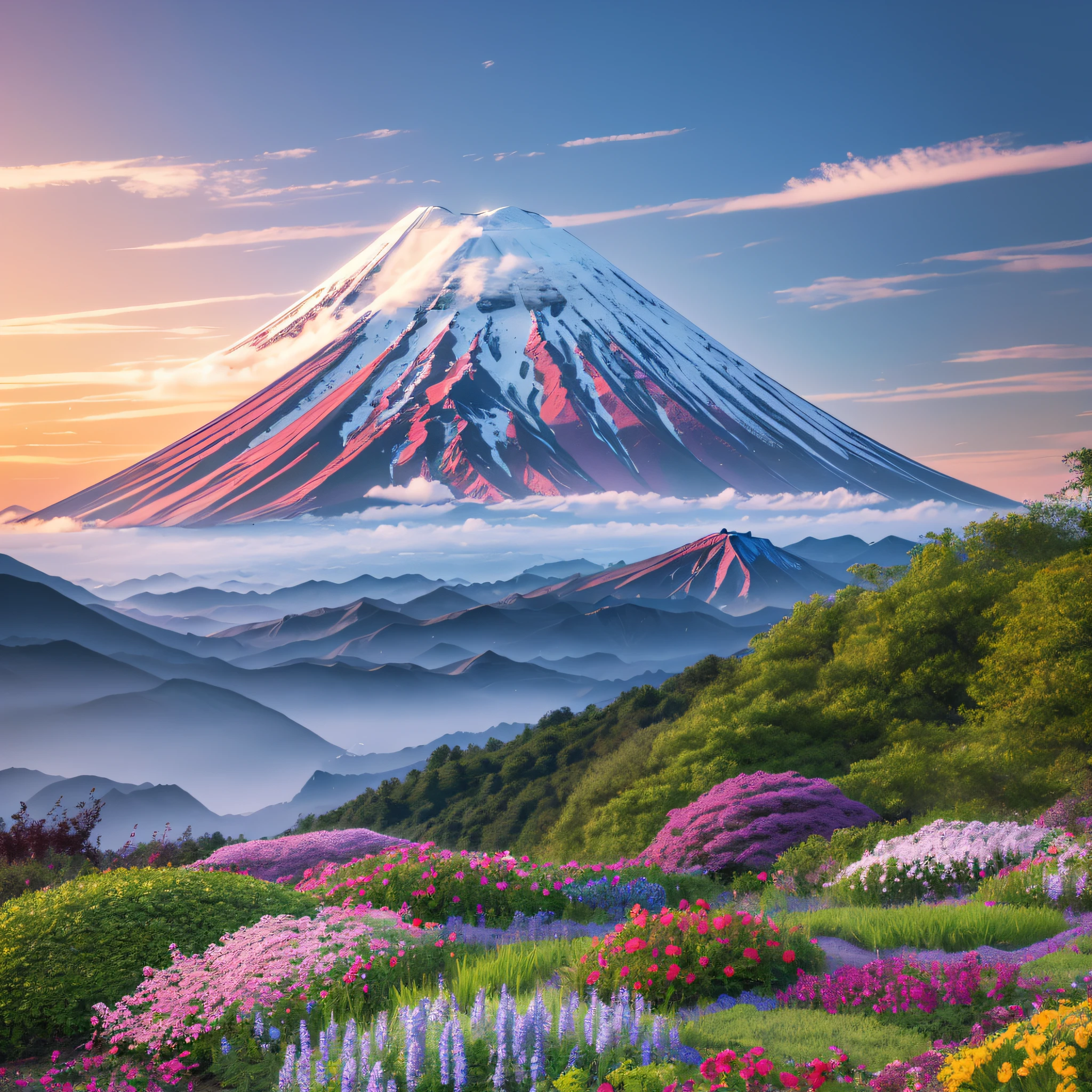 A photo-realistic painting of a tranquil mountain landscape, featuring Mount Fuji and a vibrant garden below., ray tracing, cinematic lighting, Futurism, modern, Realism, super detail, best quality, highres, 8k, 16k, best quality