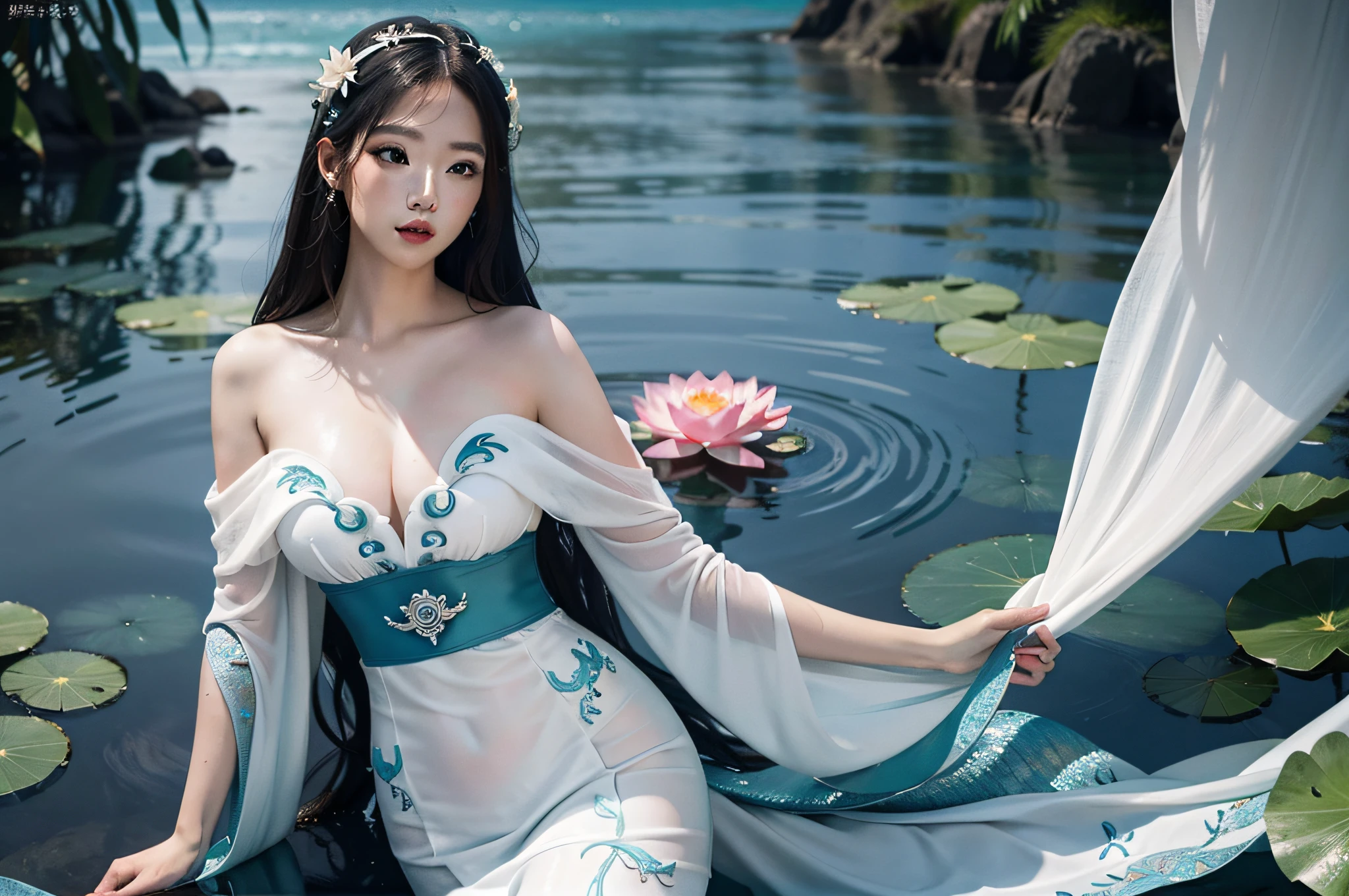 Mermaid digitally painted beauty, highly detailed film water and ocean palette, swimming in water in white hanfu long dress without revealing body, huge lotus flower in white, delicate facial details, spotlight, perfect composition, surreal, hyper-detailed, 8k, high quality, clear focus, intricate details, highly detailed, dynamic lighting, detailed and complex environment,
