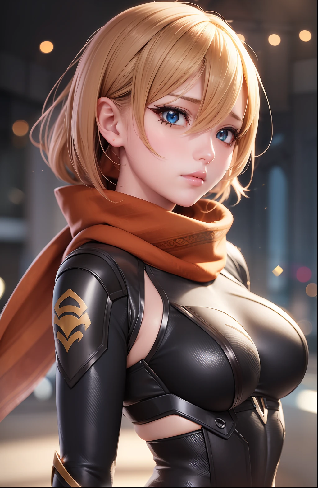 ((Waist)) Beauty anime girl /// (Character) wearing detailed combat body suit ((wheezy & rusty)) with scarf, upperbody shots, detailed skin, face sharp focus, detailed eyes and pupils, detailed hair, intricate details and sharp, masterpiece, global illumination, real shadow, bokeh, best quality, photorealistic, realistic, 8k