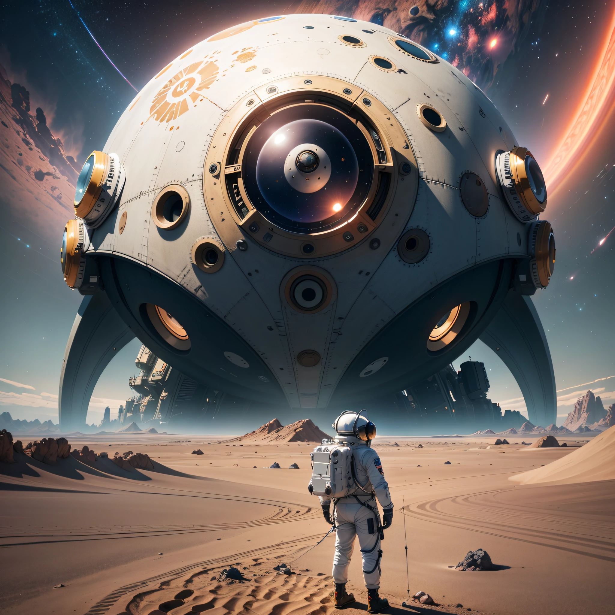 A lone astronaut surveys a strange, alien landscape, with Jupiter's majestic rings in the distance., ray tracing, cinematic lighting, Futurism, modern, Realism, super detail, best quality, highres, 8k, 16k, best quality