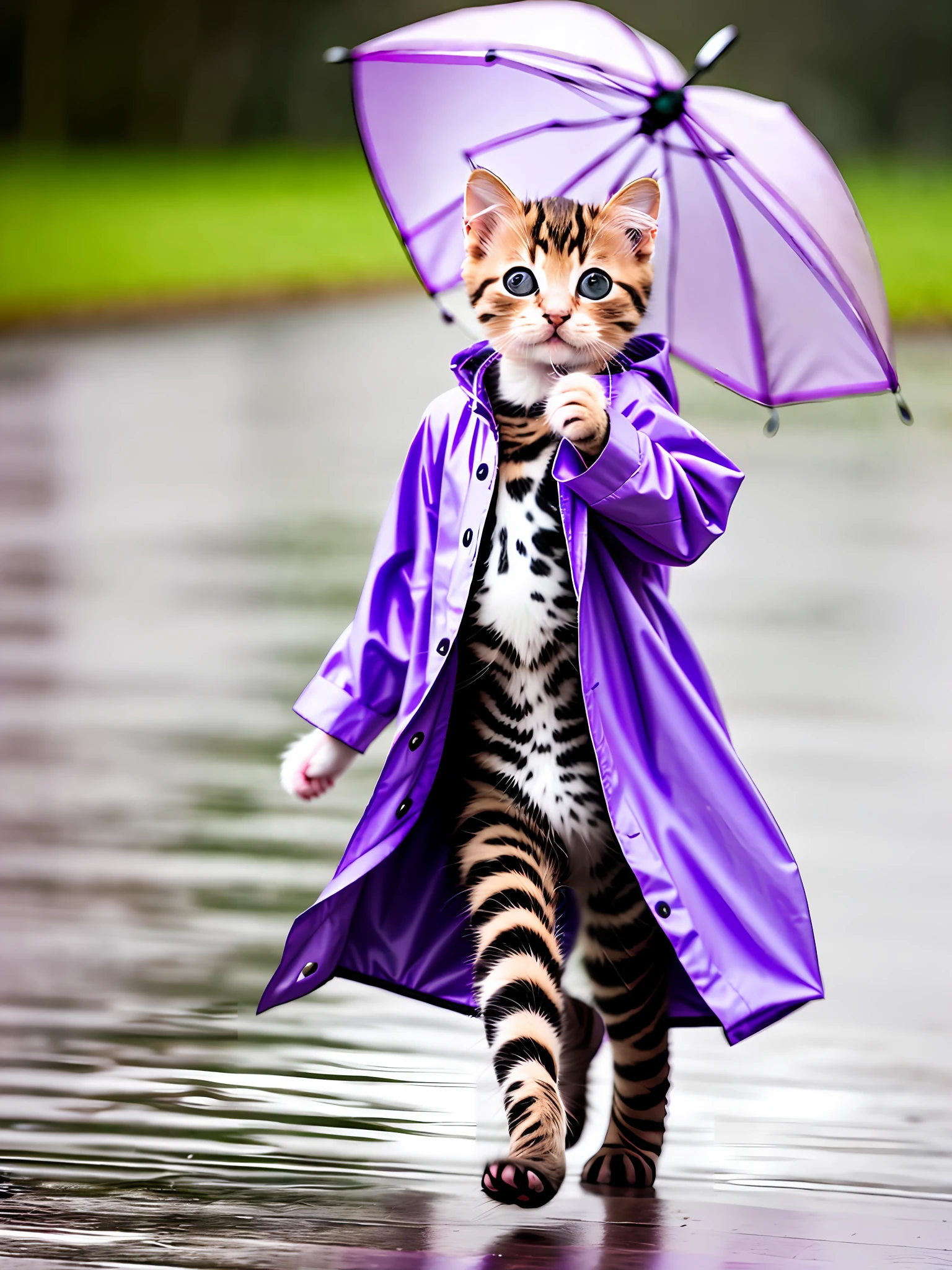 a cute kitten in one (purple raincoat 1.3) dancing, rain, tilt change, macro 200mm