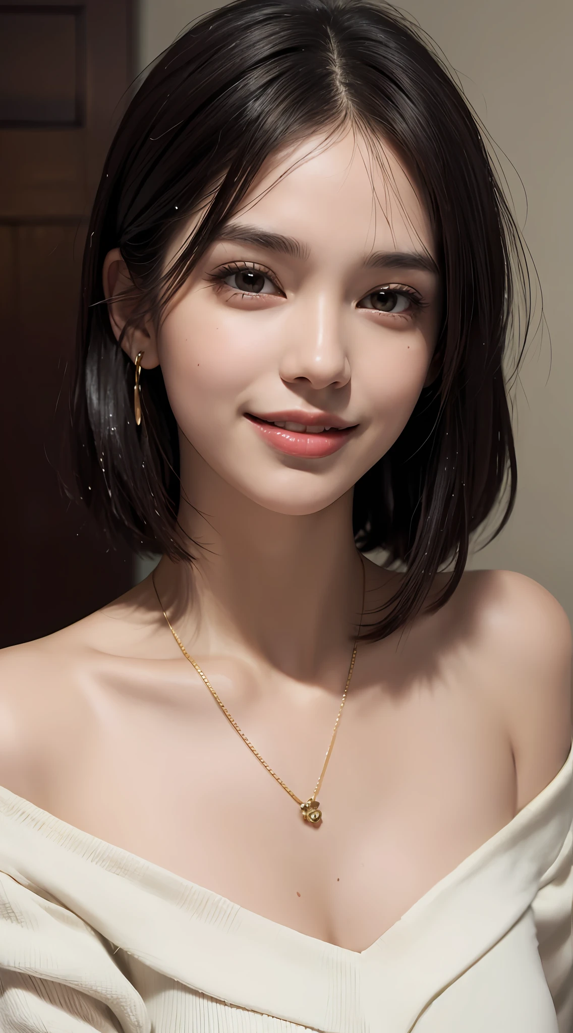 (top quality, 8k, masterpiece: 1.3), pretty woman with perfect figure: 1.4, dark brown hair, big, wearing pendants, torn shorts, sleeping in bedroom, very detailed face and skin, detailed eyes, double eyelids, top quality, masterpiece, (photorealistic: 1.4), one woman, golden ratio, high angle shot, upper eye care, low angle shot, perfect face, beautiful figure, cute face, face close-up, zoom in on face, short bob, short hair, smile from different angles, smile, gloss, highlight, gloss, glossy on skin, glossy on skin, wet skin, wet, bangs, cute smile, bust, off-shoulder, refreshing charm, elegant, perfect hands, smile from angle, smile, shiny, highlight, glossy skin, bangs, bust, big, Warm off-shoulder, refreshing charm, ears out, gaze to the camera, poses at different angles