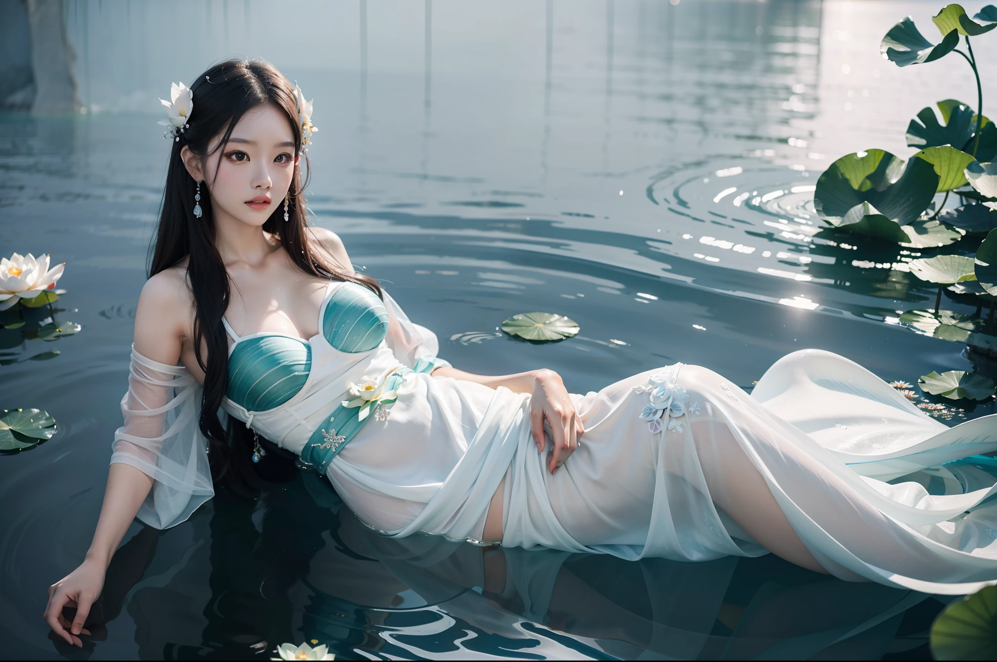 Mermaid digitally painted beauty, highly detailed film water and ocean palette, swimming in water in white hanfu long dress without revealing body, huge lotus flower in white, delicate facial details, spotlight, perfect composition, surreal, hyper-detailed, 8k, high quality, clear focus, intricate details, highly detailed, dynamic lighting, detailed and complex environment,