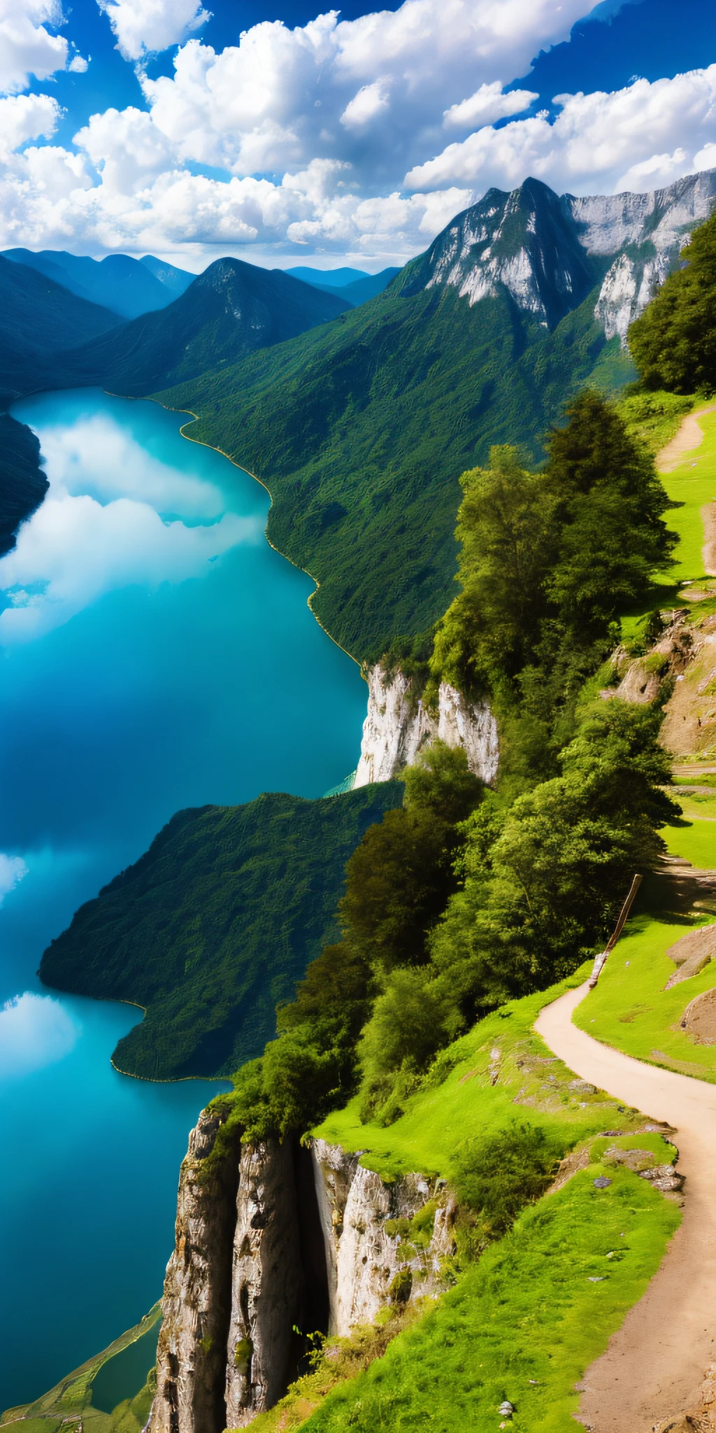 scenery, outdoor, sky, cloud, day, no humans, mountain, panorama, water, tree, blue sky, waterfall, cliff, nature, lake, river, cloudy sky
