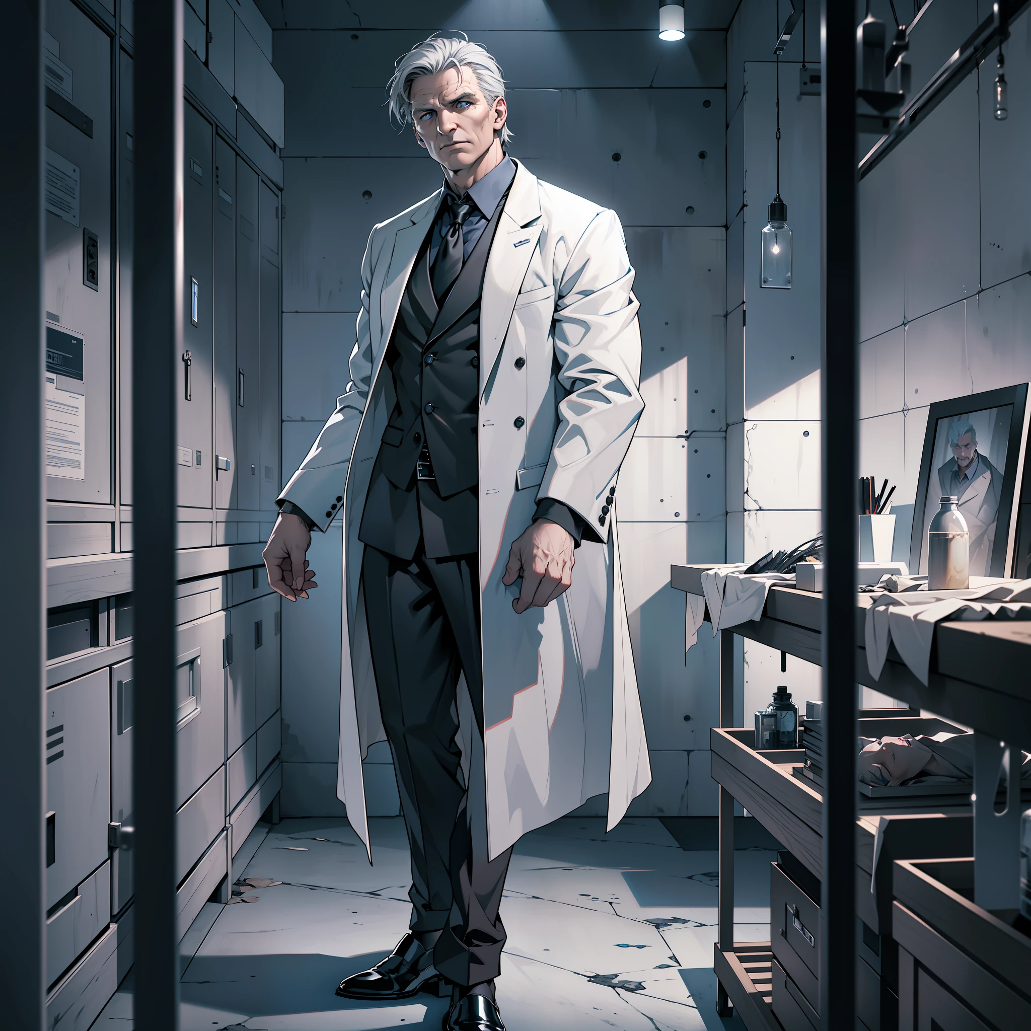 (extremely detailed 8k wallpaper), dark theme, Vampire the Masquerade, modern horror, 2020s, middle-aged man, wearing white private morgue lab coat, sharp focus, (subsurface scattering:1.1), award-winning photography, centered face, (Liam Neeson's face), (((a Hecata vampire)))), profile shot, full body shot:1.1, gray hair, otherworldly blue eyes, serious expression, Interior of the morgue room, next to the autopsy table, dramatic lighting