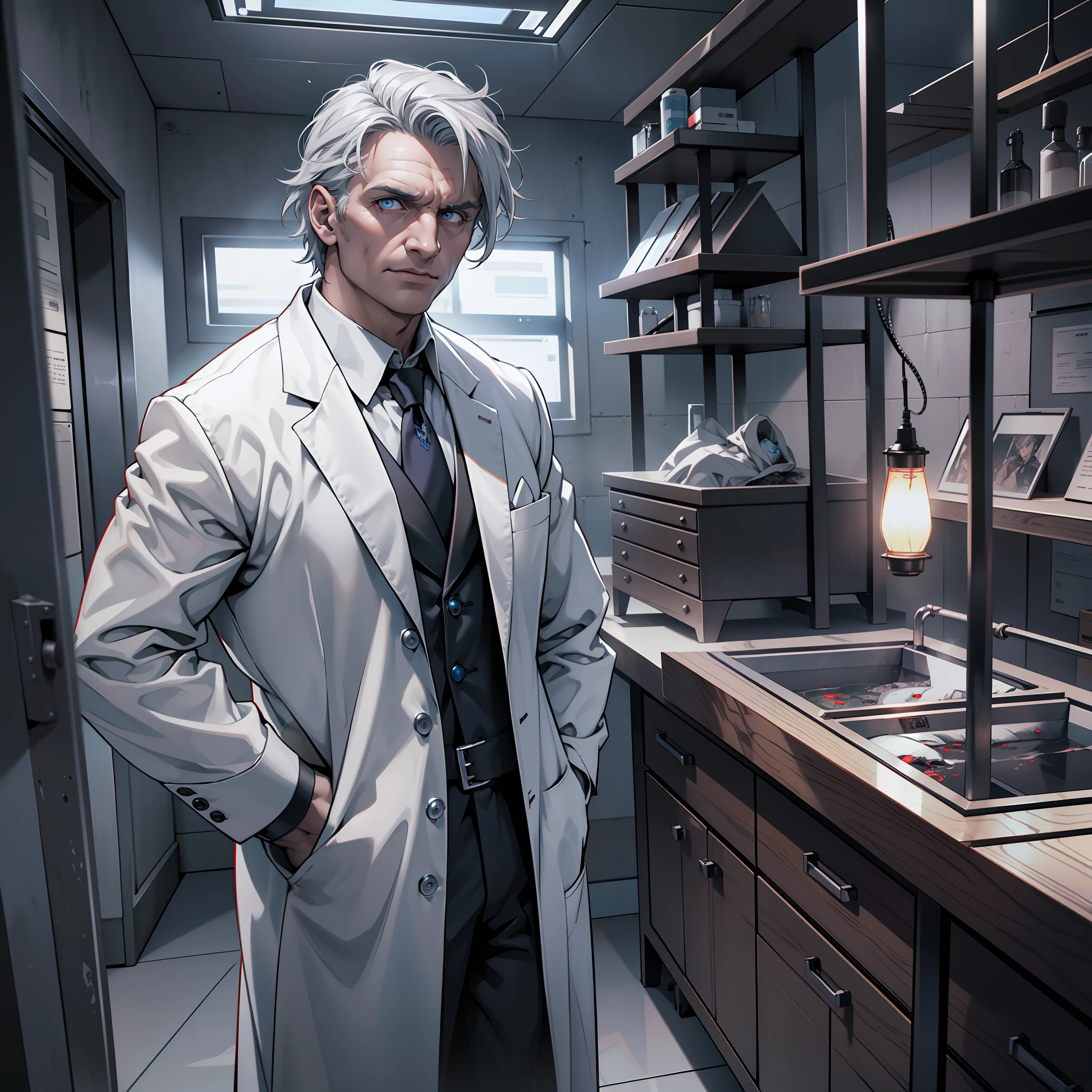 (extremely detailed 8k wallpaper), dark theme, Vampire the Masquerade, modern horror, 2020s, middle-aged man, wearing white private morgue lab coat, sharp focus, (subsurface scattering:1.1), award-winning photography, centered face, (Liam Neeson's face), (((a Hecata vampire)))), profile shot, full body shot:1.1, gray hair, otherworldly blue eyes, serious expression, Interior of the morgue room, next to the autopsy table, dramatic lighting