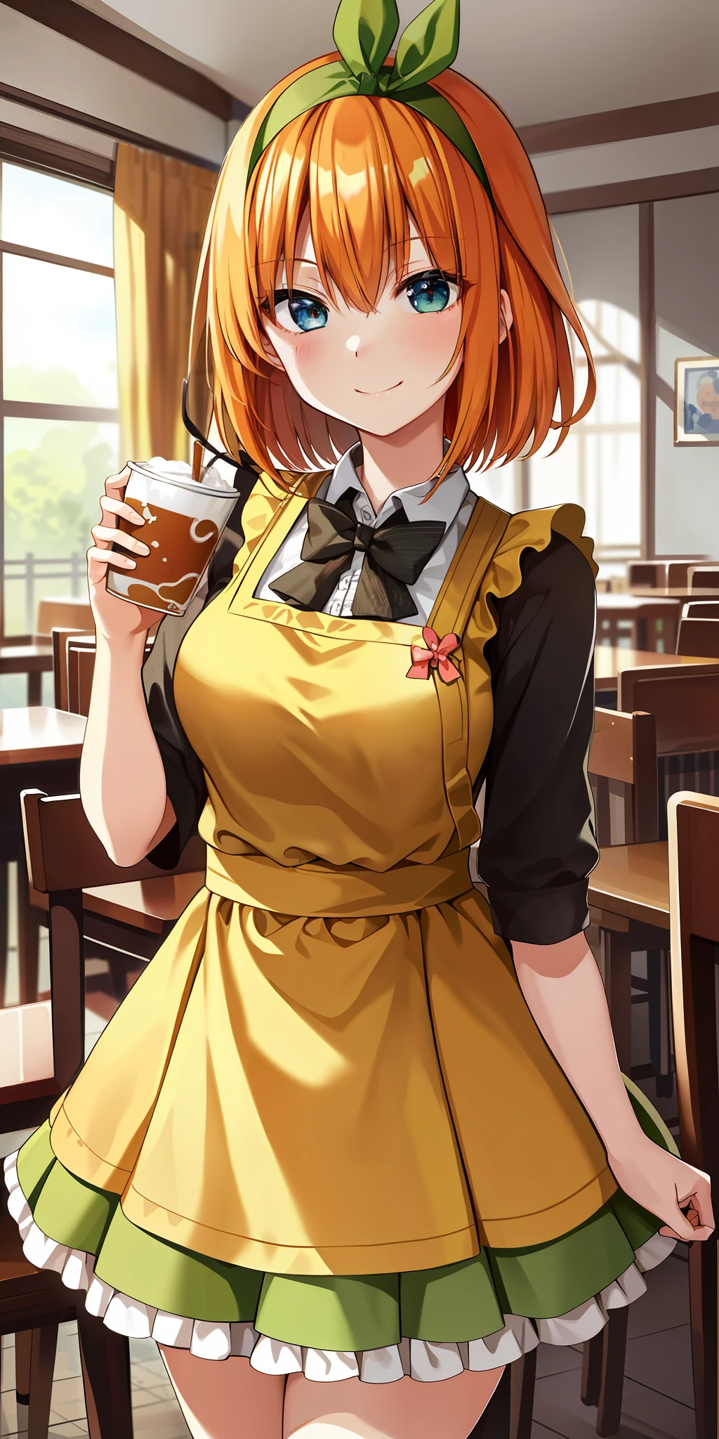 2d, masterpiece, best quality, anime, highly detailed, 1girl, solo, cowboy shot, nakano yotsuba, orange hair, maid dress, maid, meidofuku,  medium breasts, standing, cafe, indoor, smile, sexy pose, table, chair, food, drink, yotsuba hairband, green hairband,